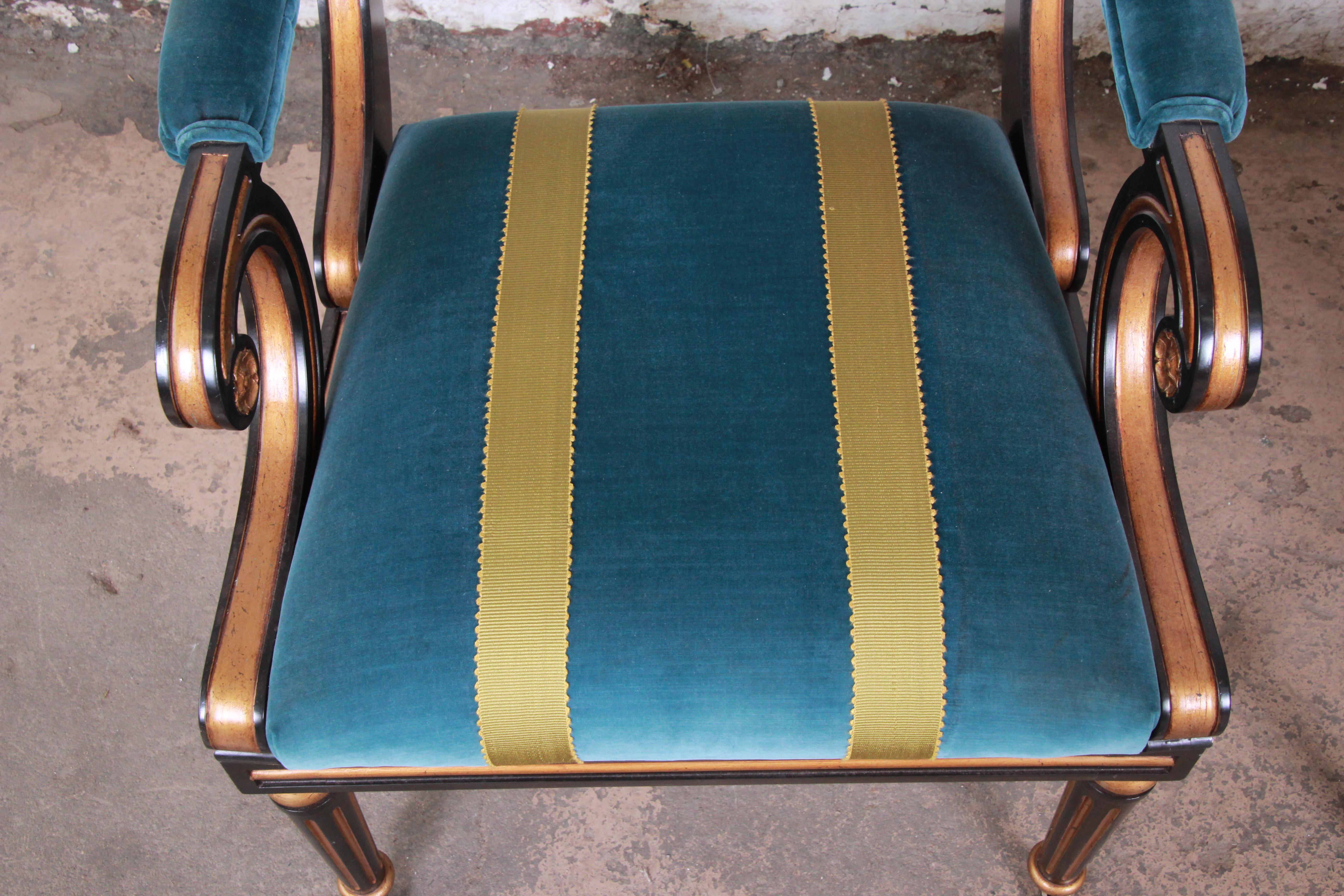 Baker Furniture Ebonized and Gold Gilt Regency Style Armchairs, Pair 1