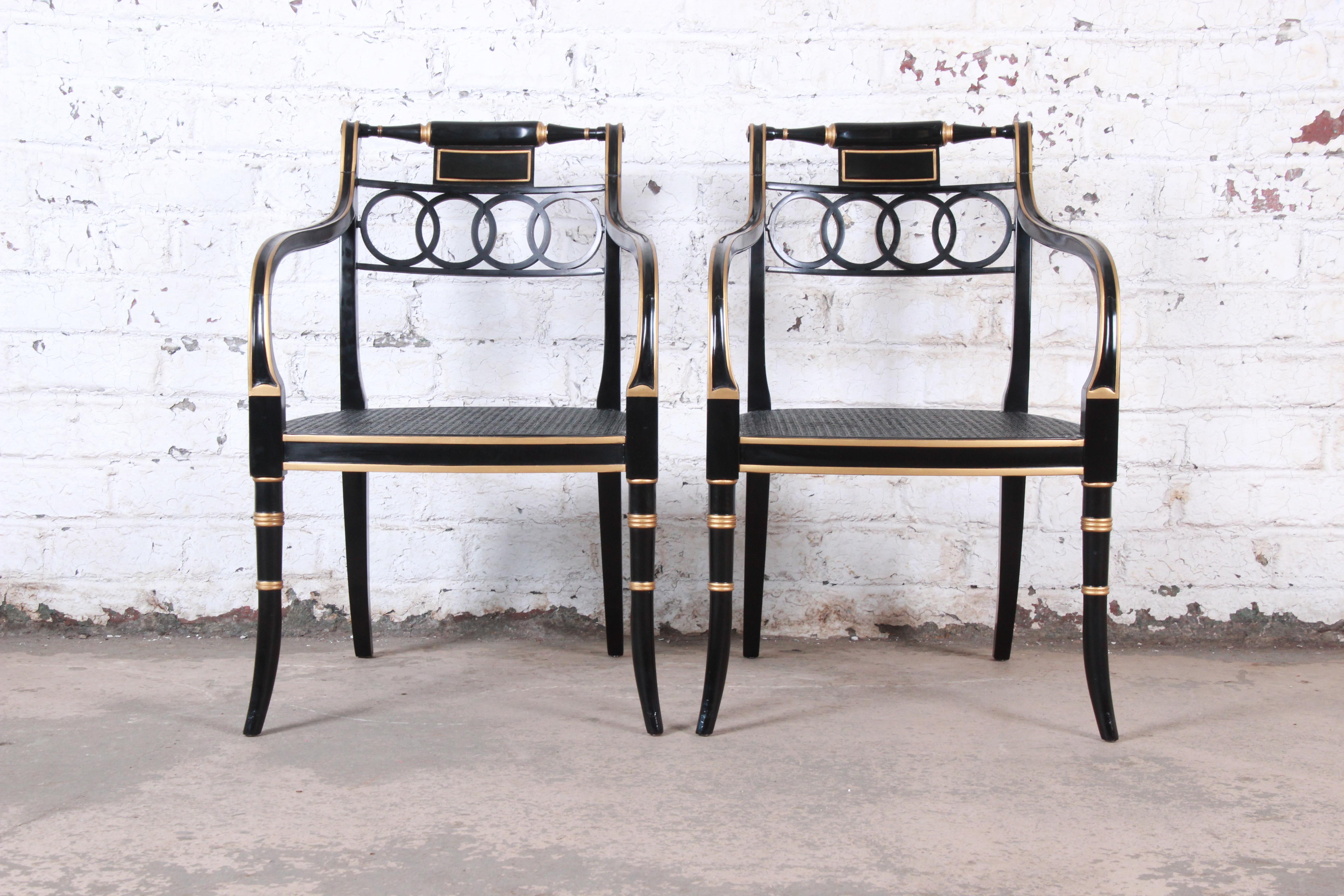 Baker Furniture Ebonized and Gold Gilt Regency Style Armchairs, Pair 1