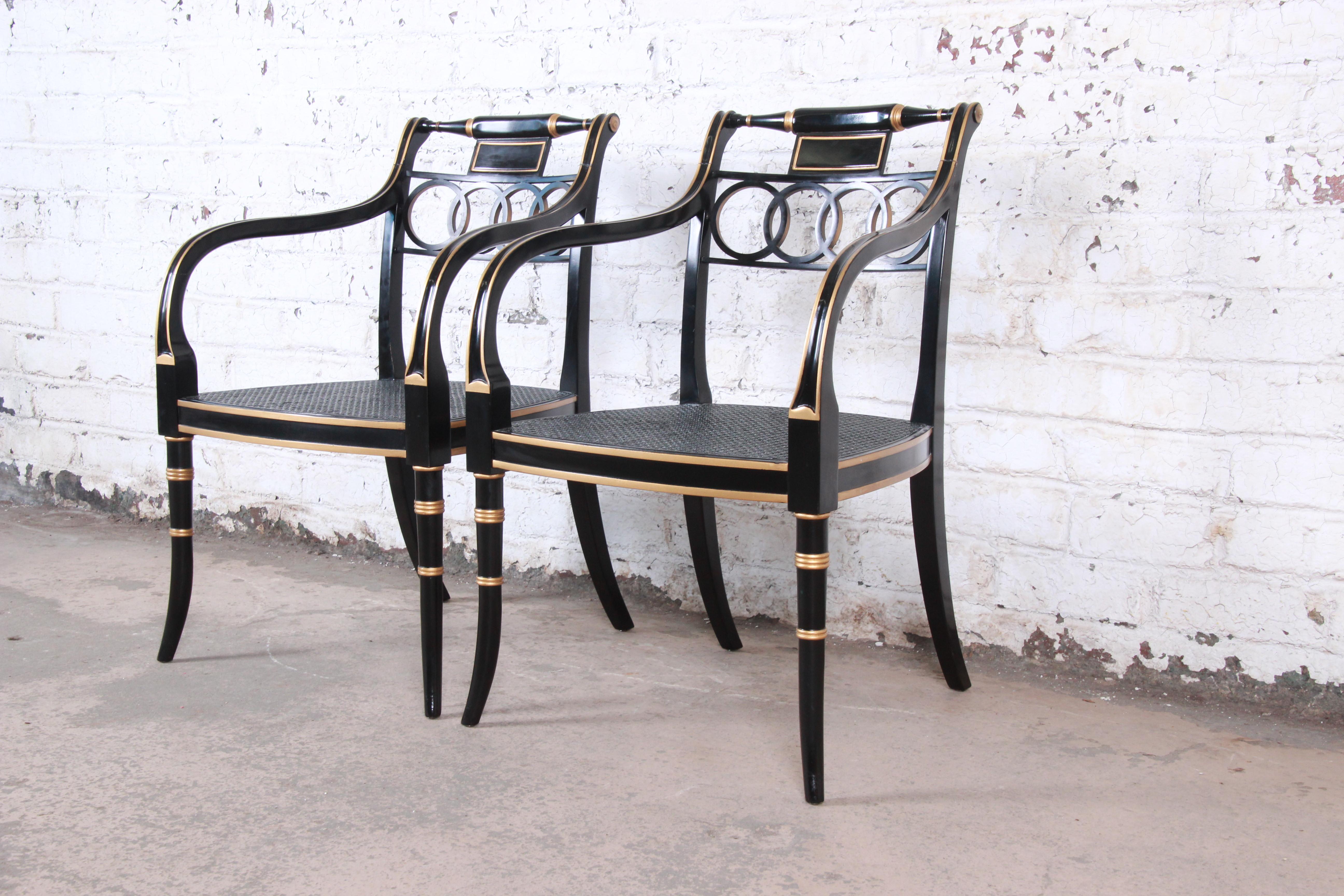 Baker Furniture Ebonized and Gold Gilt Regency Style Armchairs, Pair 2
