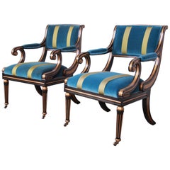 Baker Furniture Ebonized and Gold Gilt Regency Style Armchairs, Pair