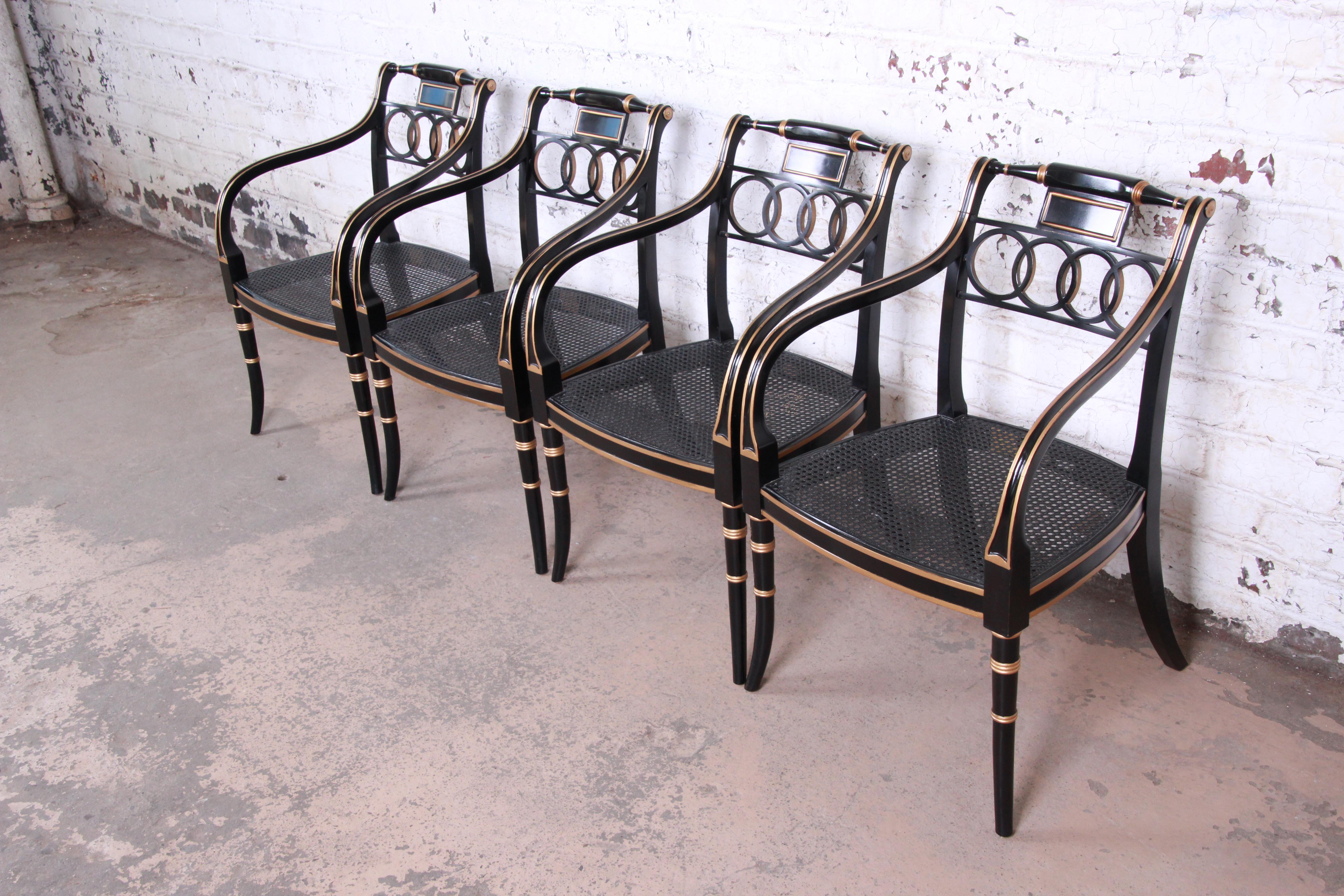 American Baker Furniture Ebonized and Gold Gilt Regency Style Armchairs, Set of Four