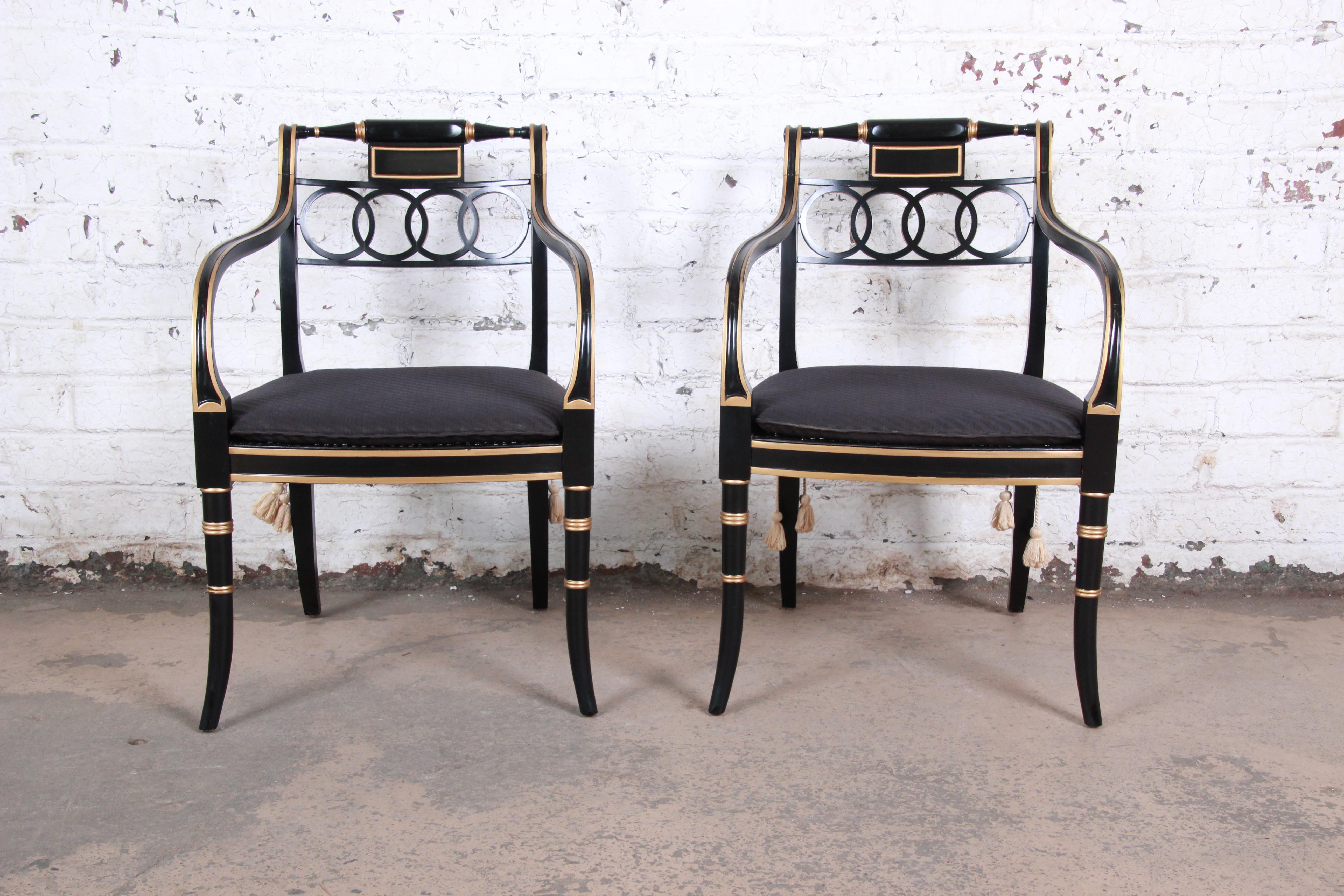 20th Century Baker Furniture Ebonized and Gold Gilt Regency Style Armchairs, Set of Four