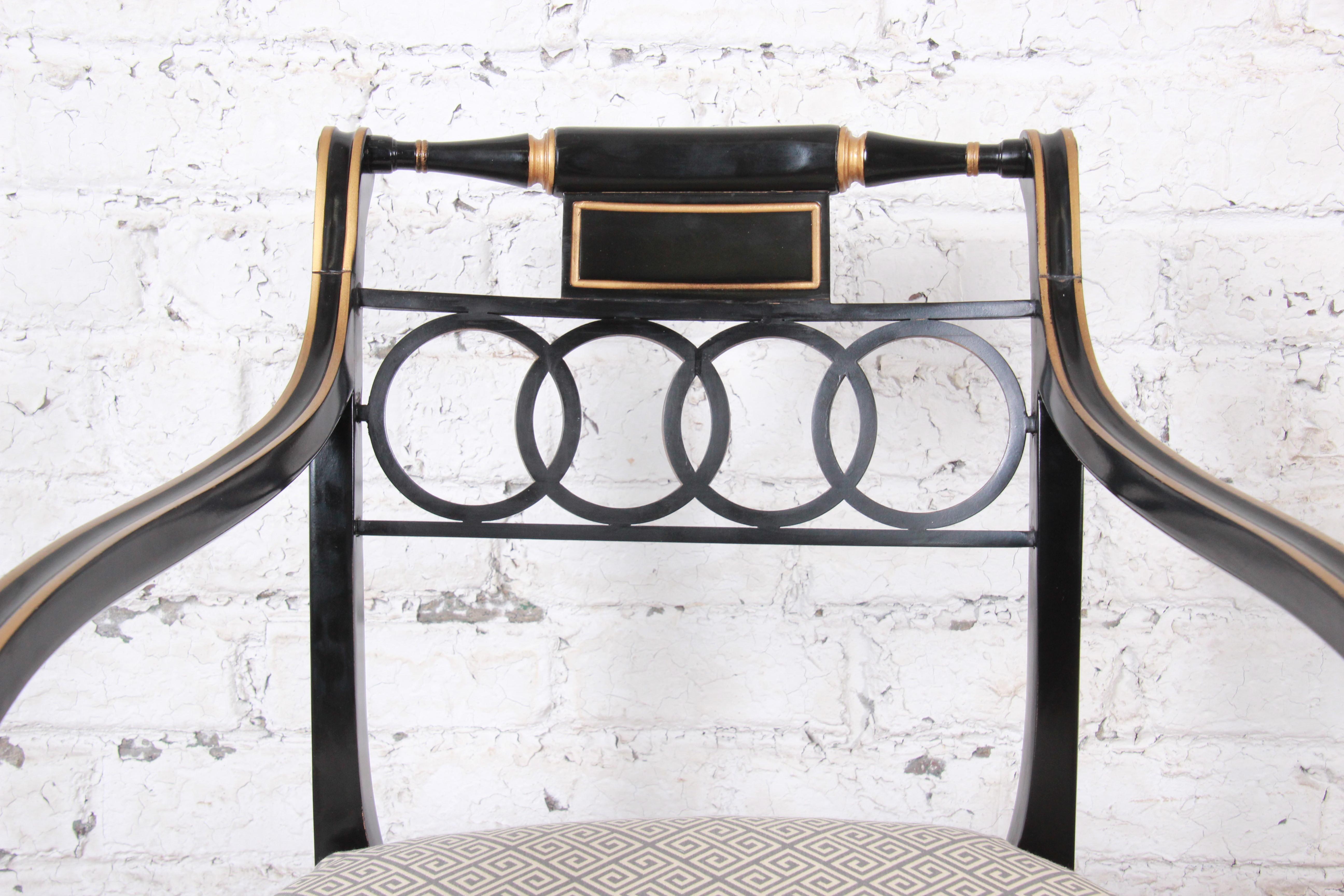 Baker Furniture Ebonized and Gold Gilt Regency Style Armchairs, Set of Six 8