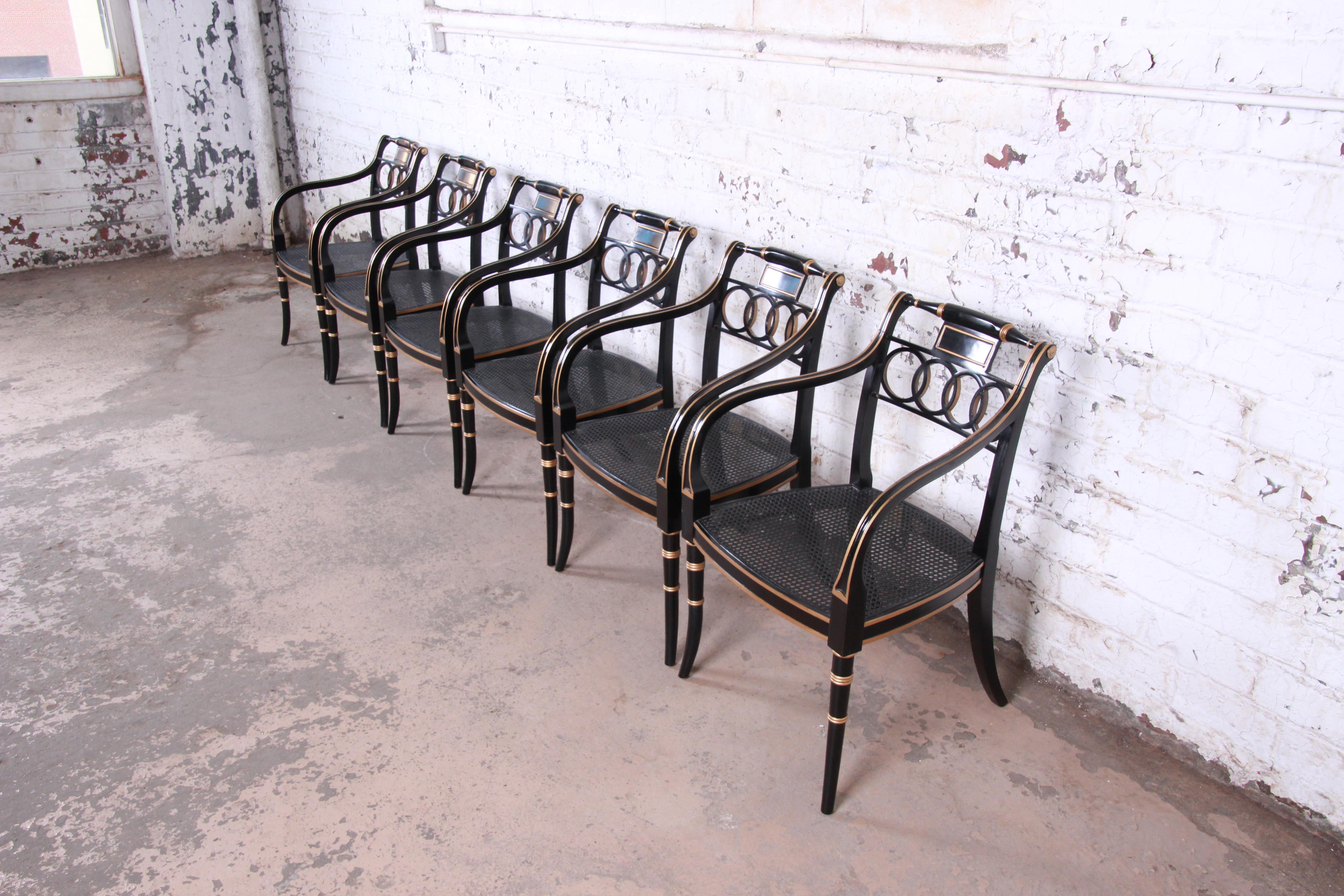 American Baker Furniture Ebonized and Gold Gilt Regency Style Armchairs, Set of Six