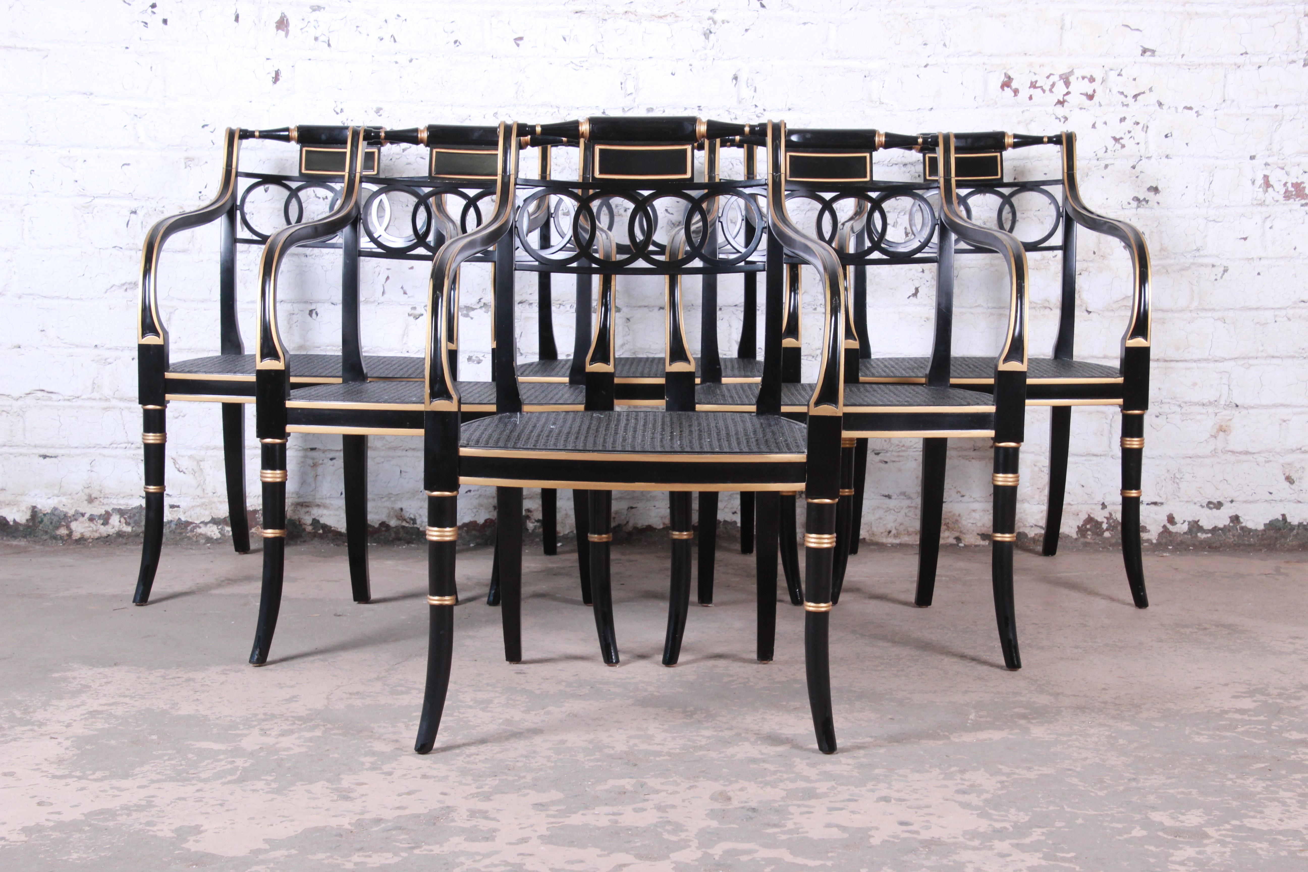 20th Century Baker Furniture Ebonized and Gold Gilt Regency Style Armchairs, Set of Six