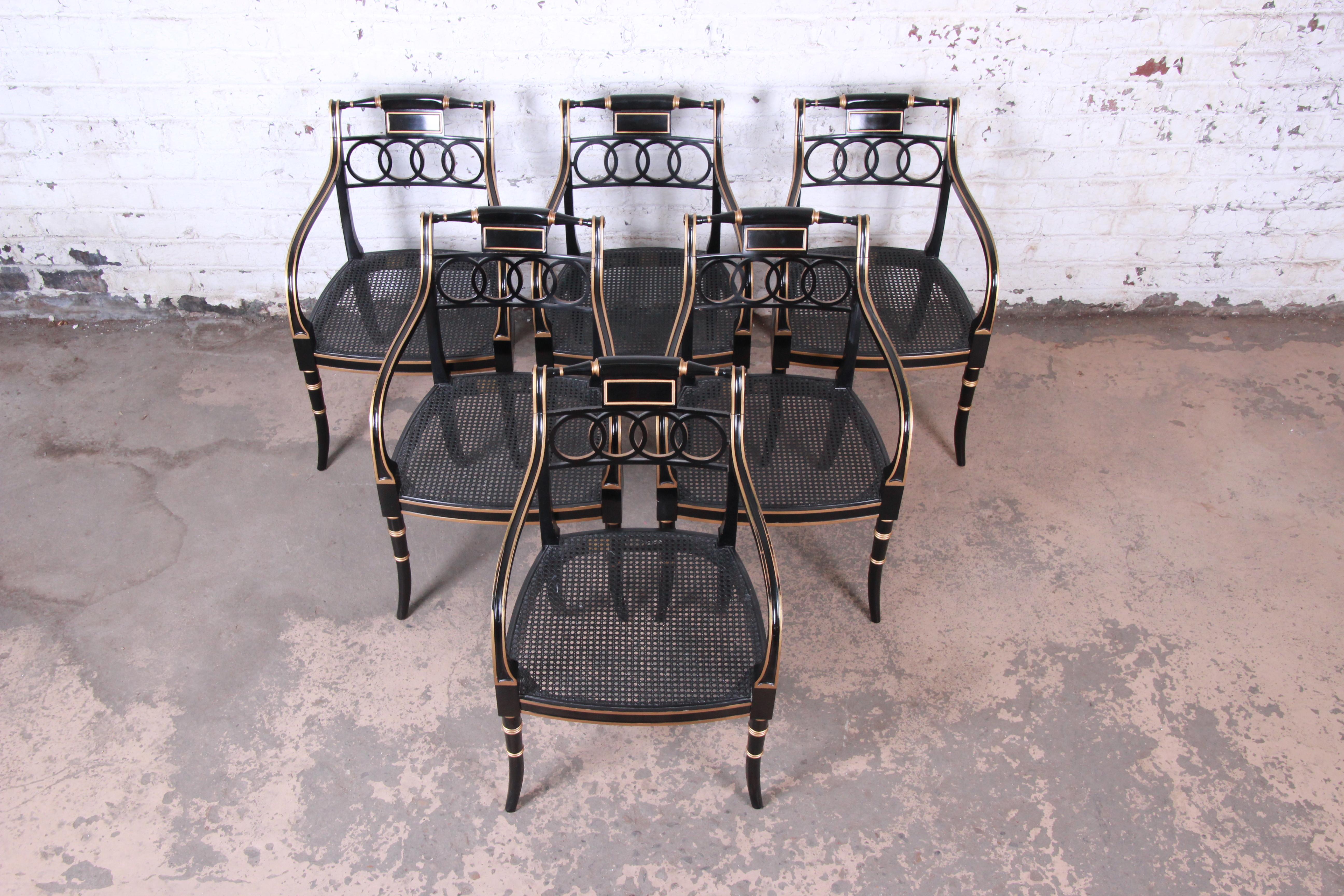 Baker Furniture Ebonized and Gold Gilt Regency Style Armchairs, Set of Six 1