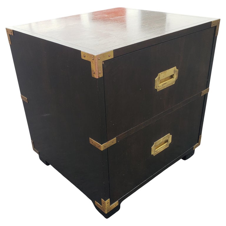 Baker Furniture Ebonized Mahogany and Brass Campaign Style Nightstand  In Good Condition For Sale In Germantown, MD