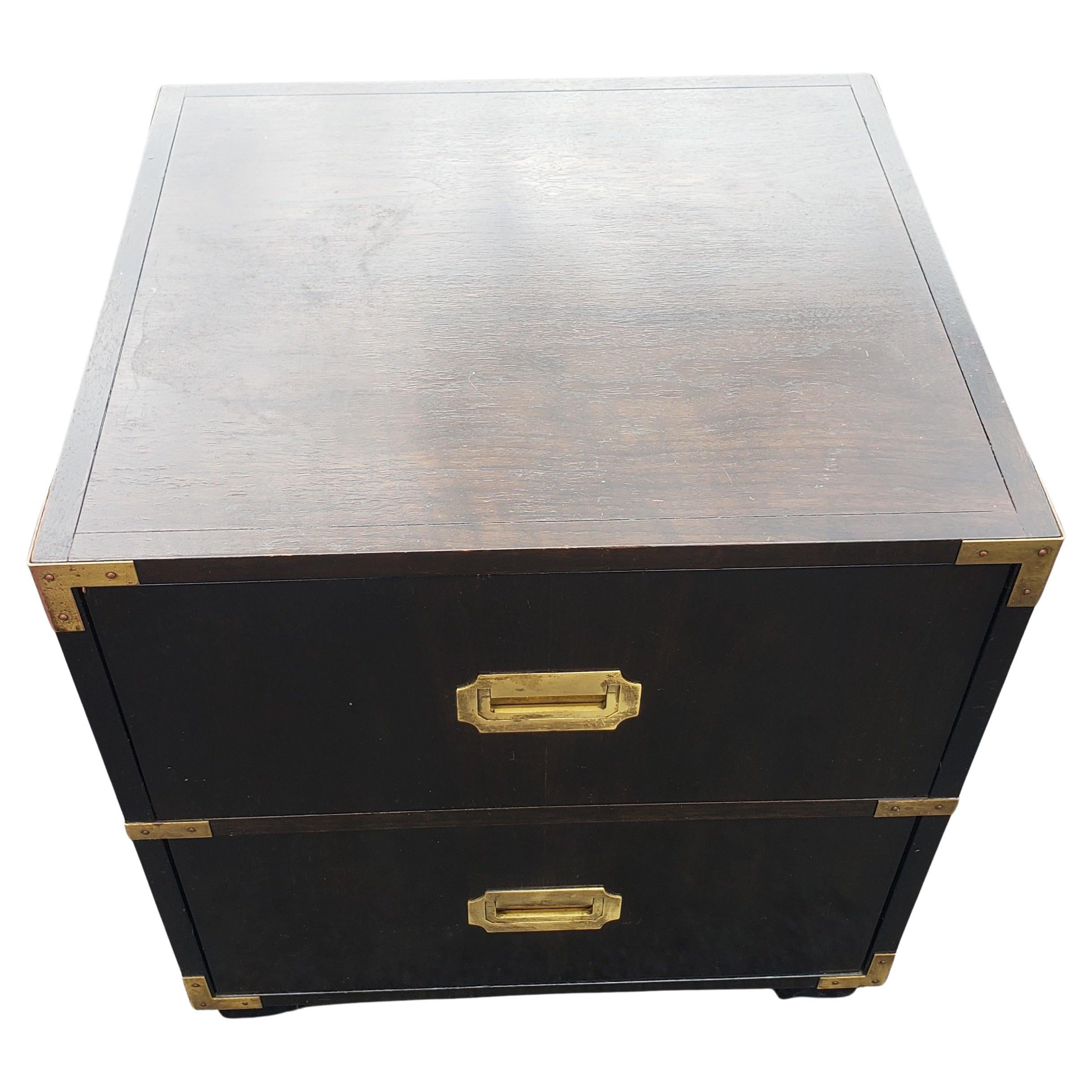 Woodwork Baker Furniture Ebonized Mahogany and Brass Campaign Style Nightstand  For Sale