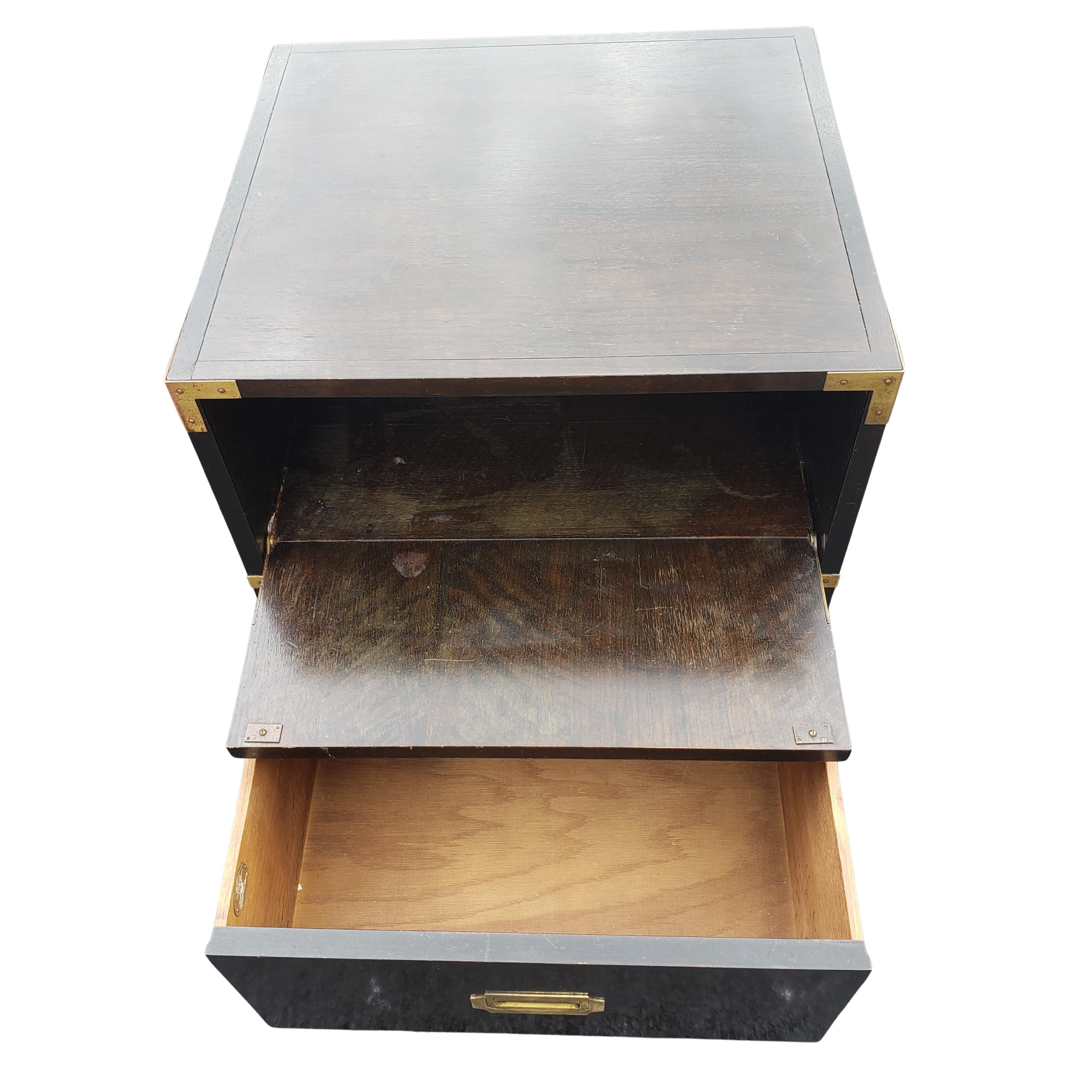 20th Century Baker Furniture Ebonized Mahogany and Brass Campaign Style Nightstand  For Sale