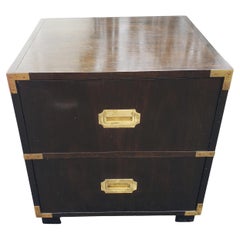 Retro Baker Furniture Ebonized Mahogany and Brass Campaign Style Nightstand 