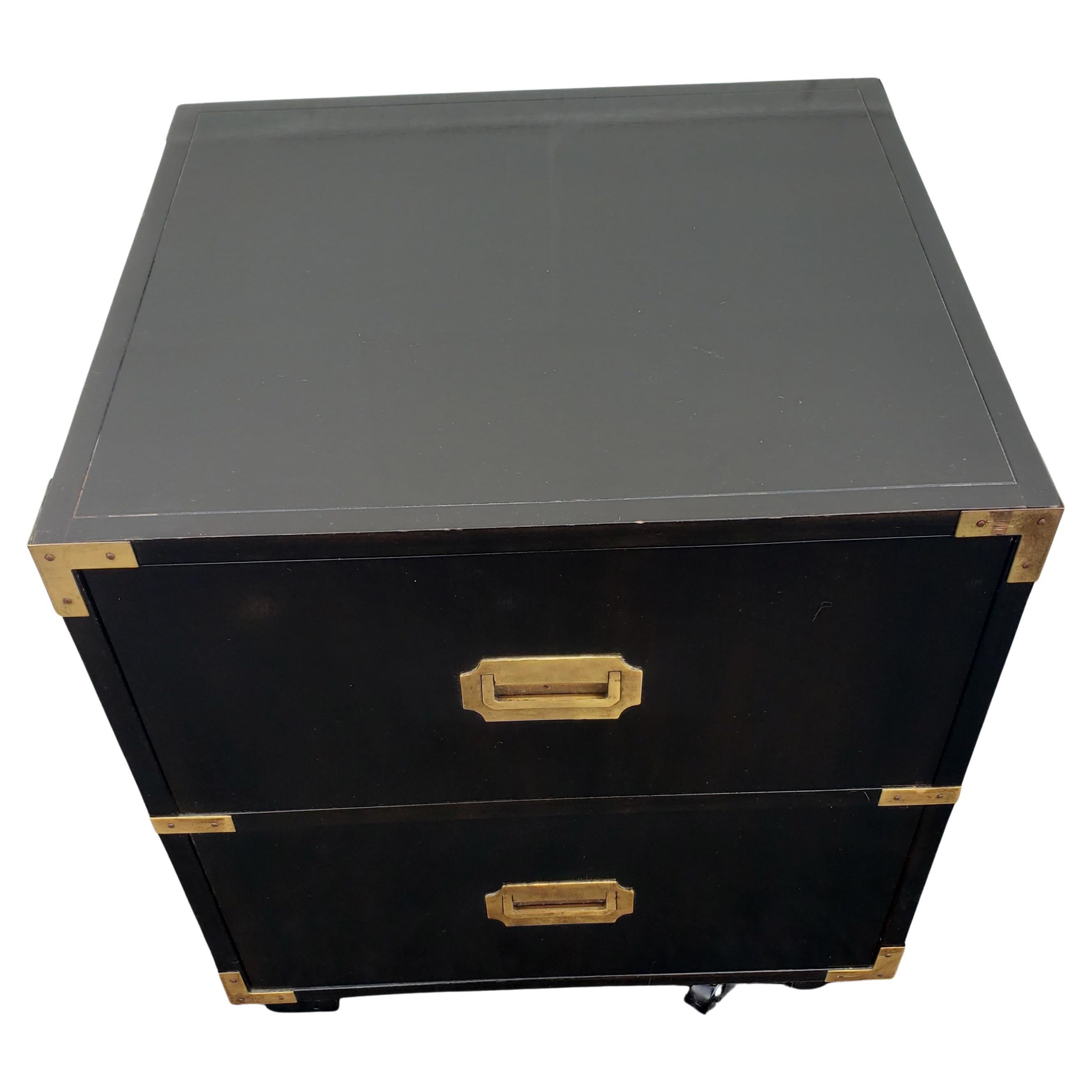 Baker Furniture Ebonized Mahogany and Brass Campaign Style Nightstand on Wheels In Good Condition For Sale In Germantown, MD