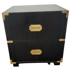 Baker Furniture Ebonized Mahogany and Brass Campaign Style Nightstand on Wheels