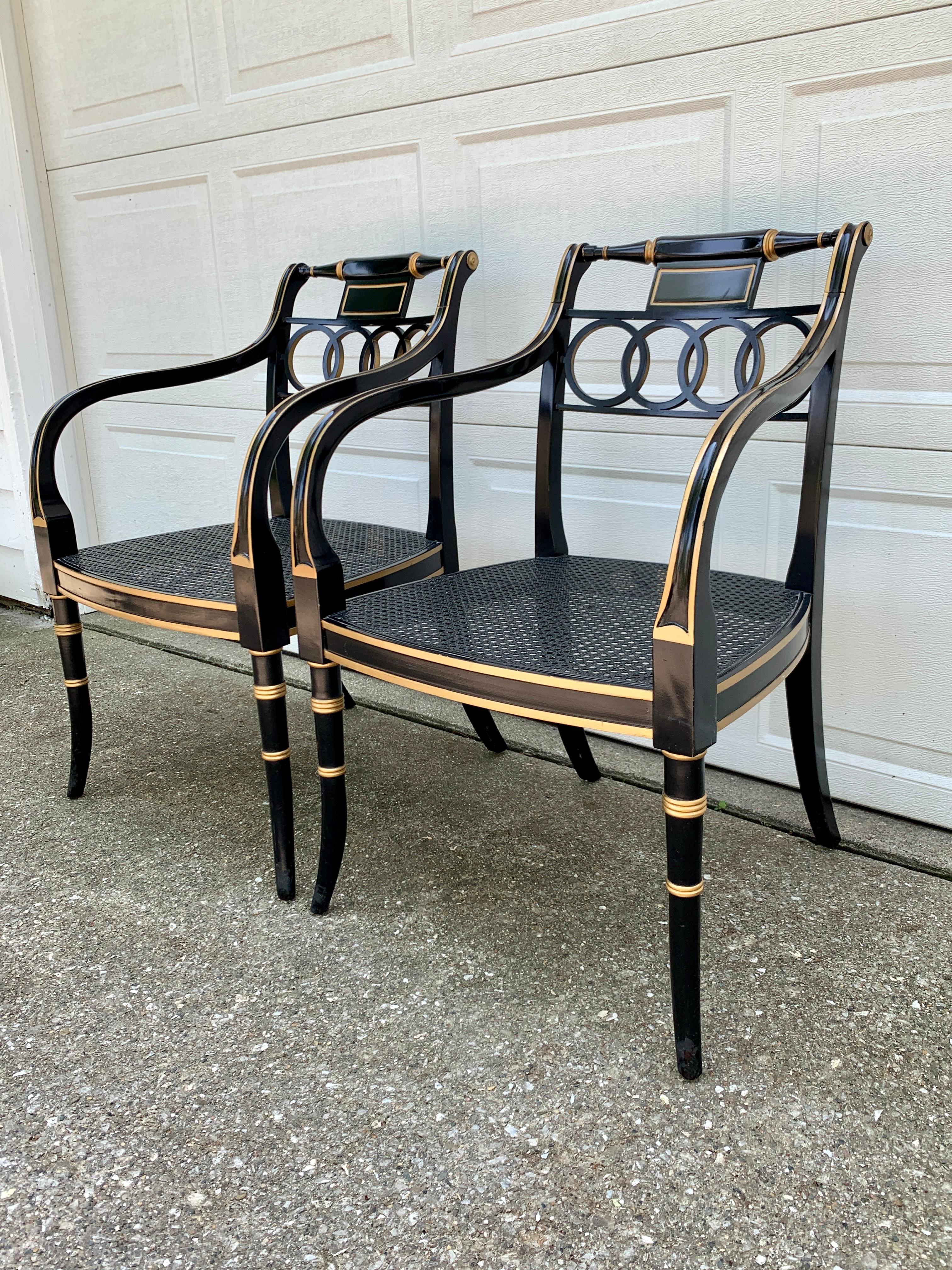 Baker Furniture Ebonized Mahogany and Gold Gilt Regency Armchairs, Pair In Good Condition In Elkhart, IN