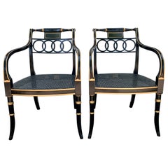 Baker Furniture Ebonized Mahogany and Gold Gilt Regency Armchairs, Pair