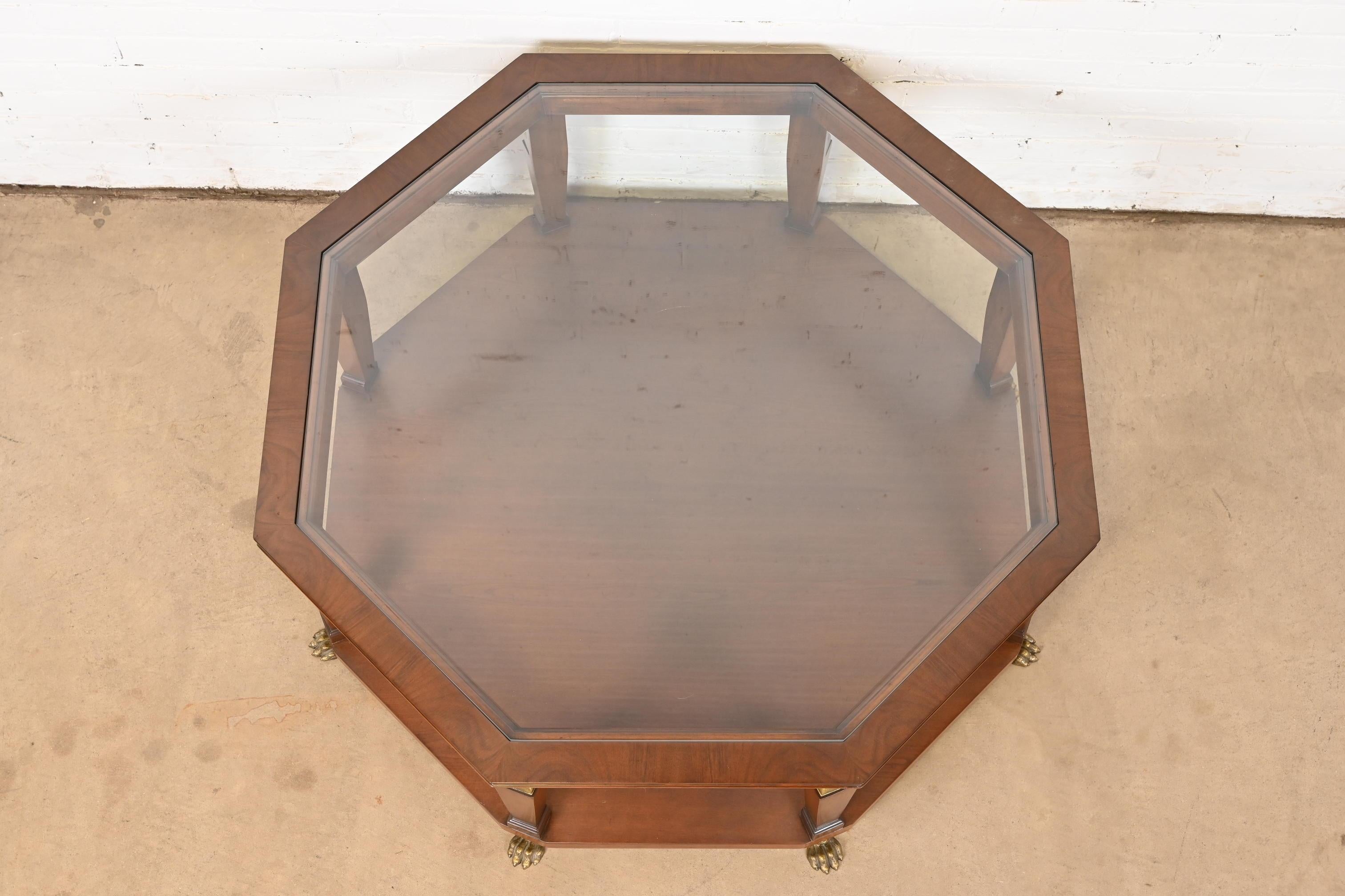 Baker Furniture Egyptian Revival Walnut and Brass Octagonal Cocktail Table For Sale 3