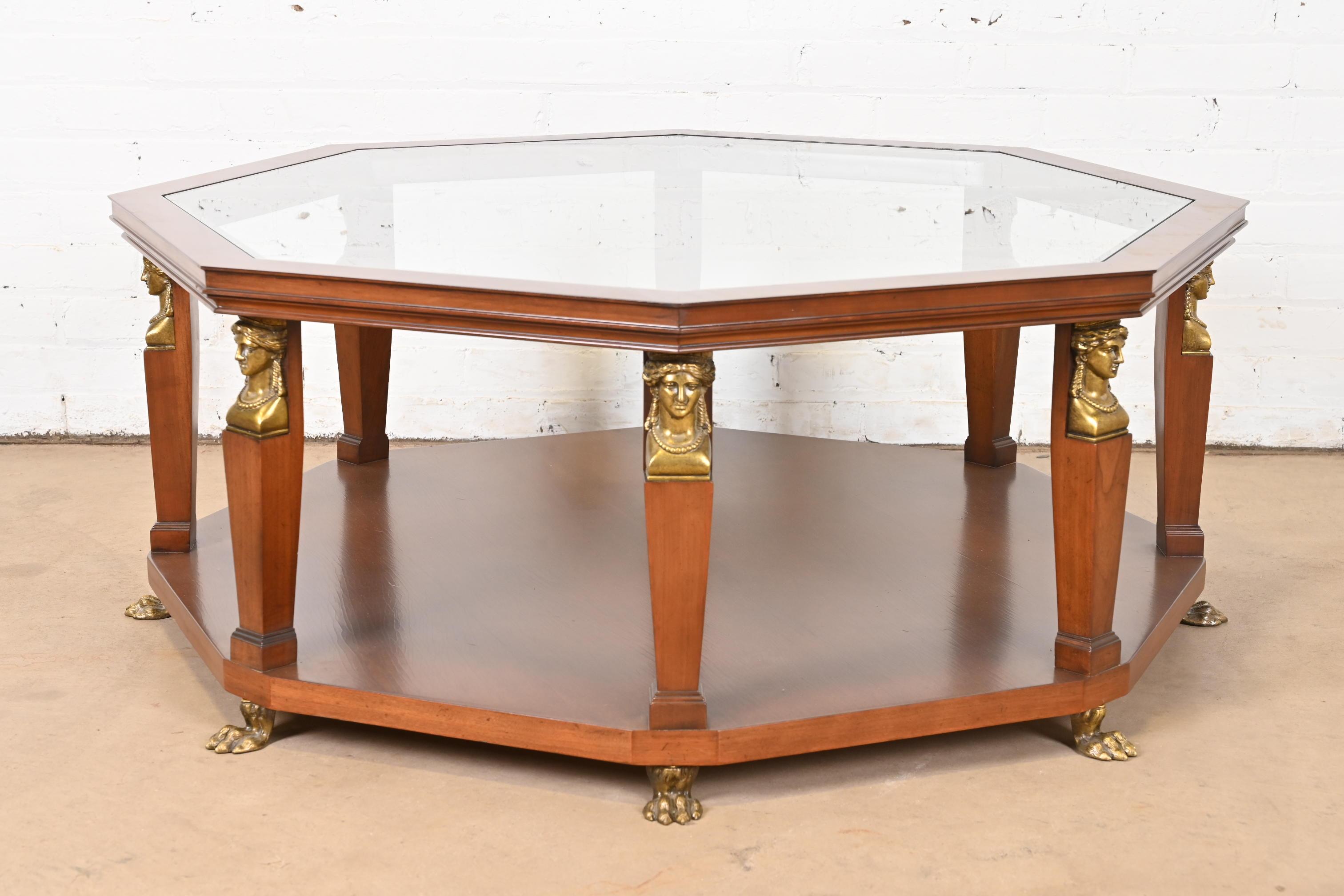 Baker Furniture Egyptian Revival Walnut and Brass Octagonal Cocktail Table For Sale 5