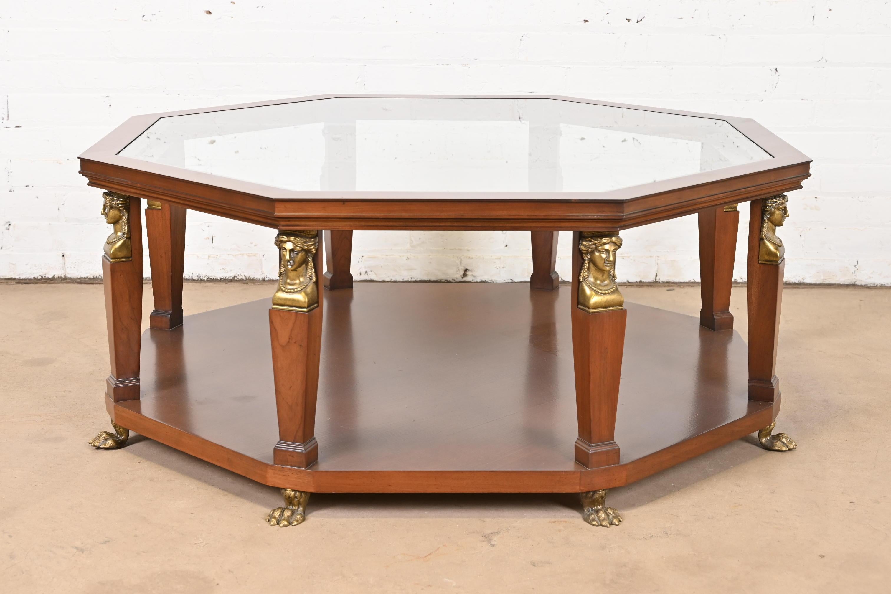 Baker Furniture Egyptian Revival Walnut and Brass Octagonal Cocktail Table For Sale 6