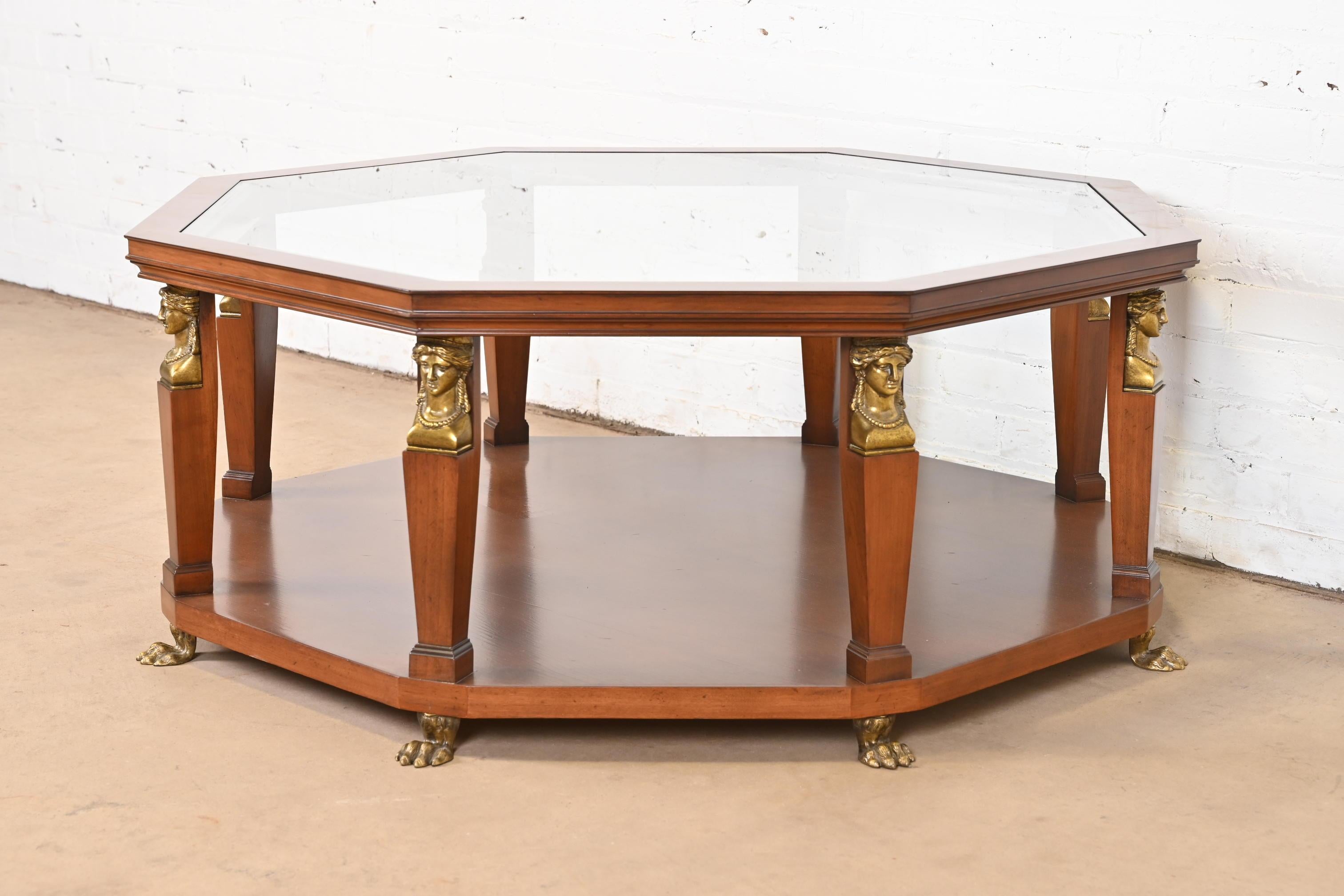 American Baker Furniture Egyptian Revival Walnut and Brass Octagonal Cocktail Table For Sale