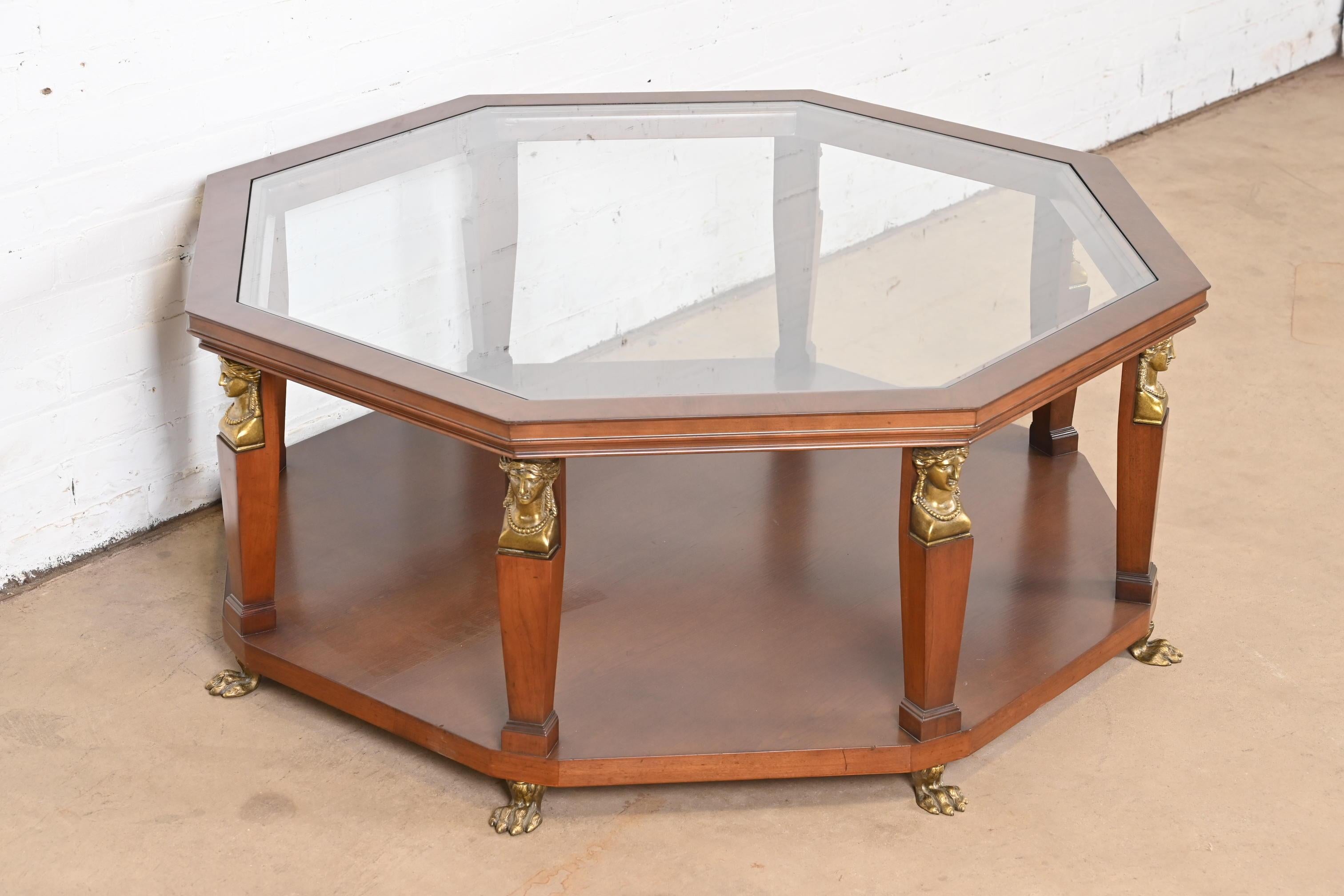 Baker Furniture Egyptian Revival Walnut and Brass Octagonal Cocktail Table In Good Condition For Sale In South Bend, IN