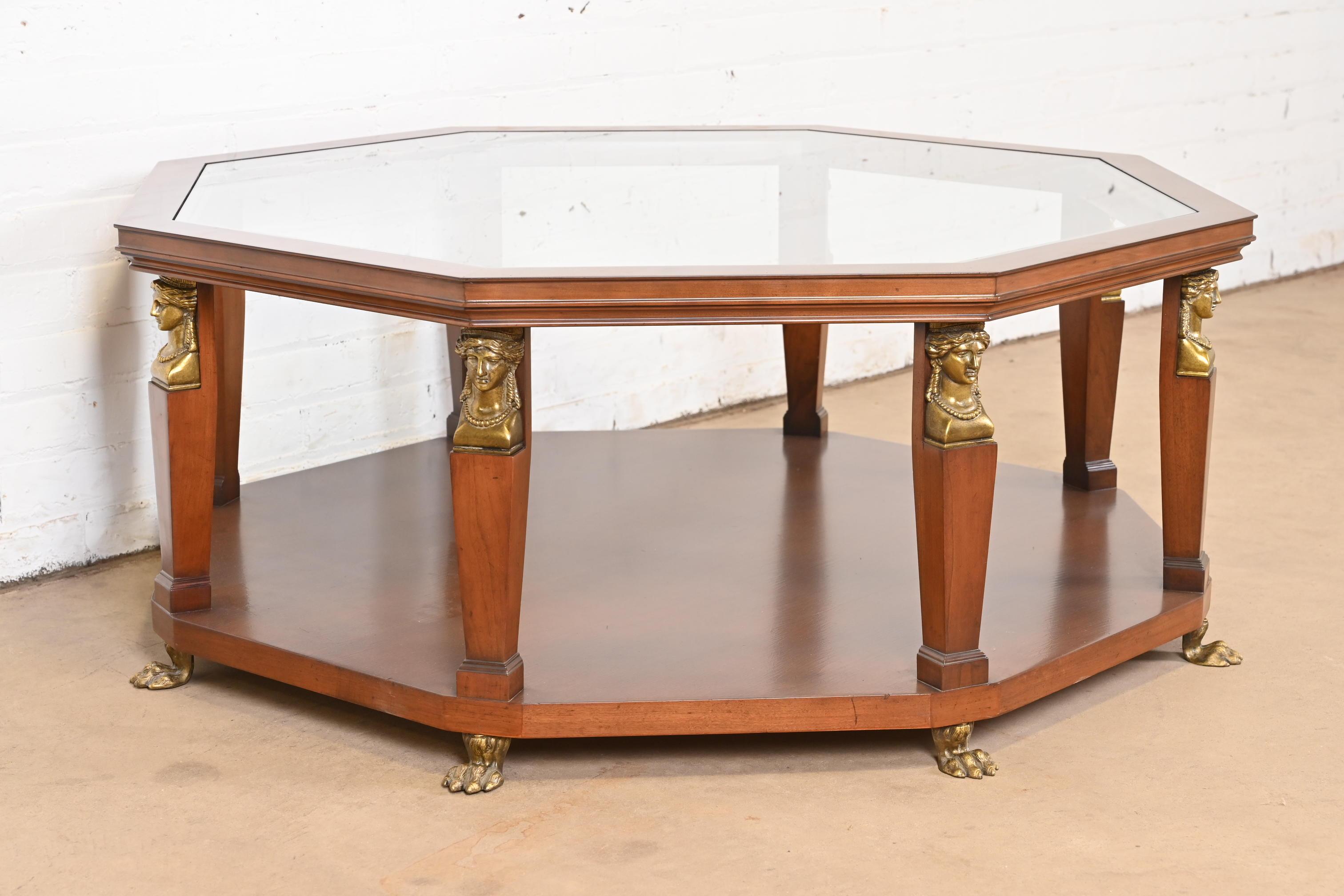 20th Century Baker Furniture Egyptian Revival Walnut and Brass Octagonal Cocktail Table For Sale