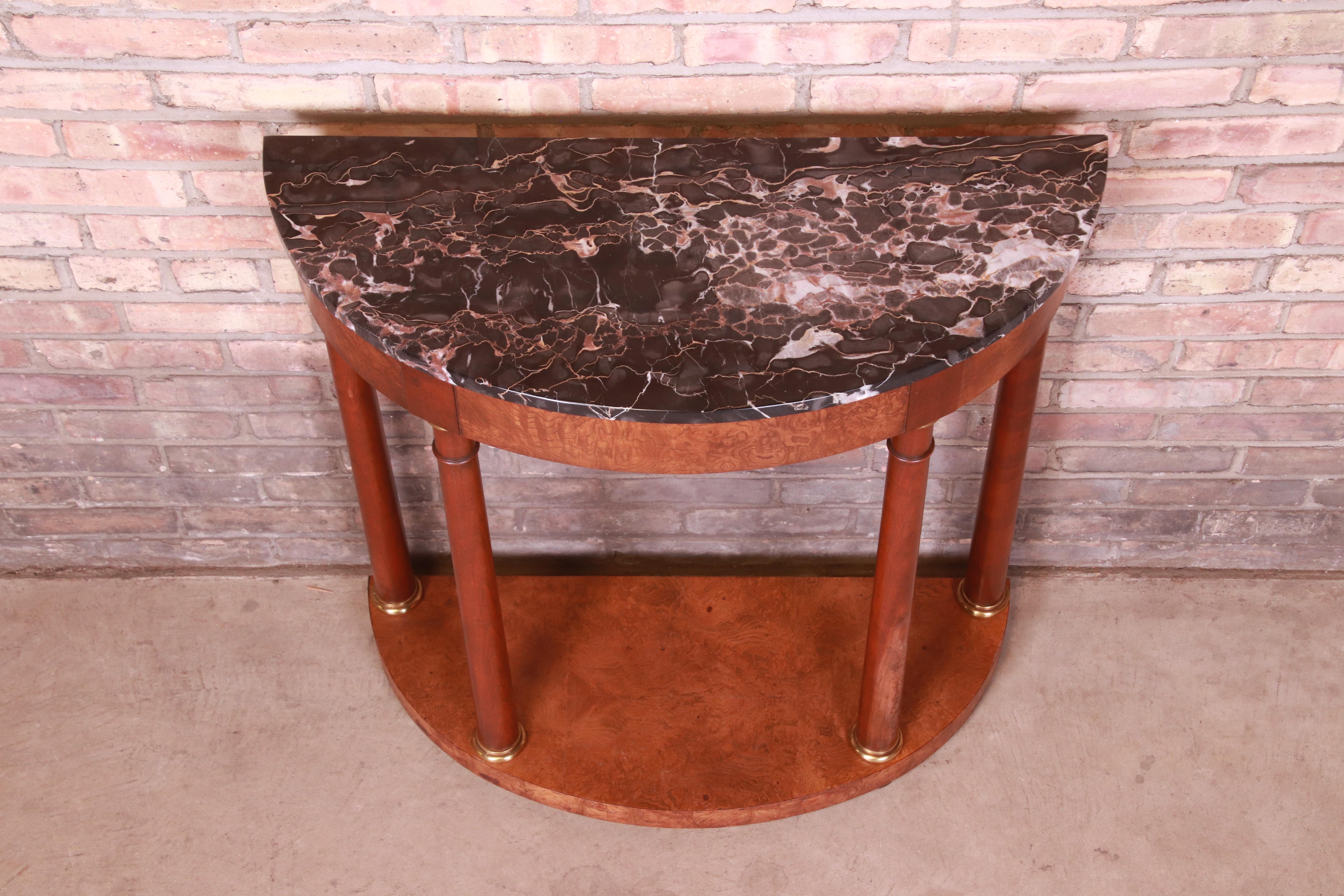 Baker Furniture Empire Burl Wood Marble Top Demilune Console Table For Sale 5