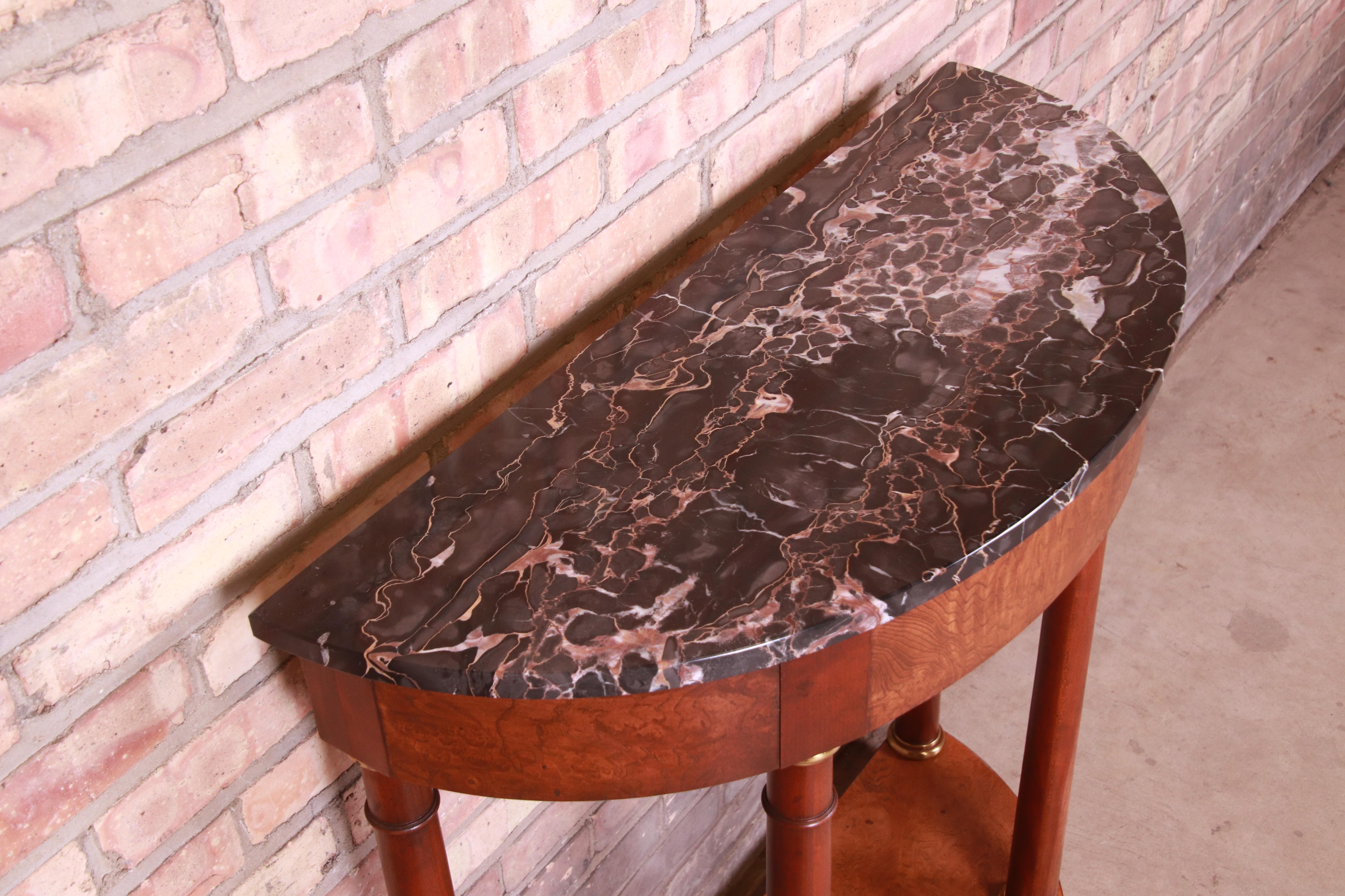 Baker Furniture Empire Burl Wood Marble Top Demilune Console Table For Sale 6