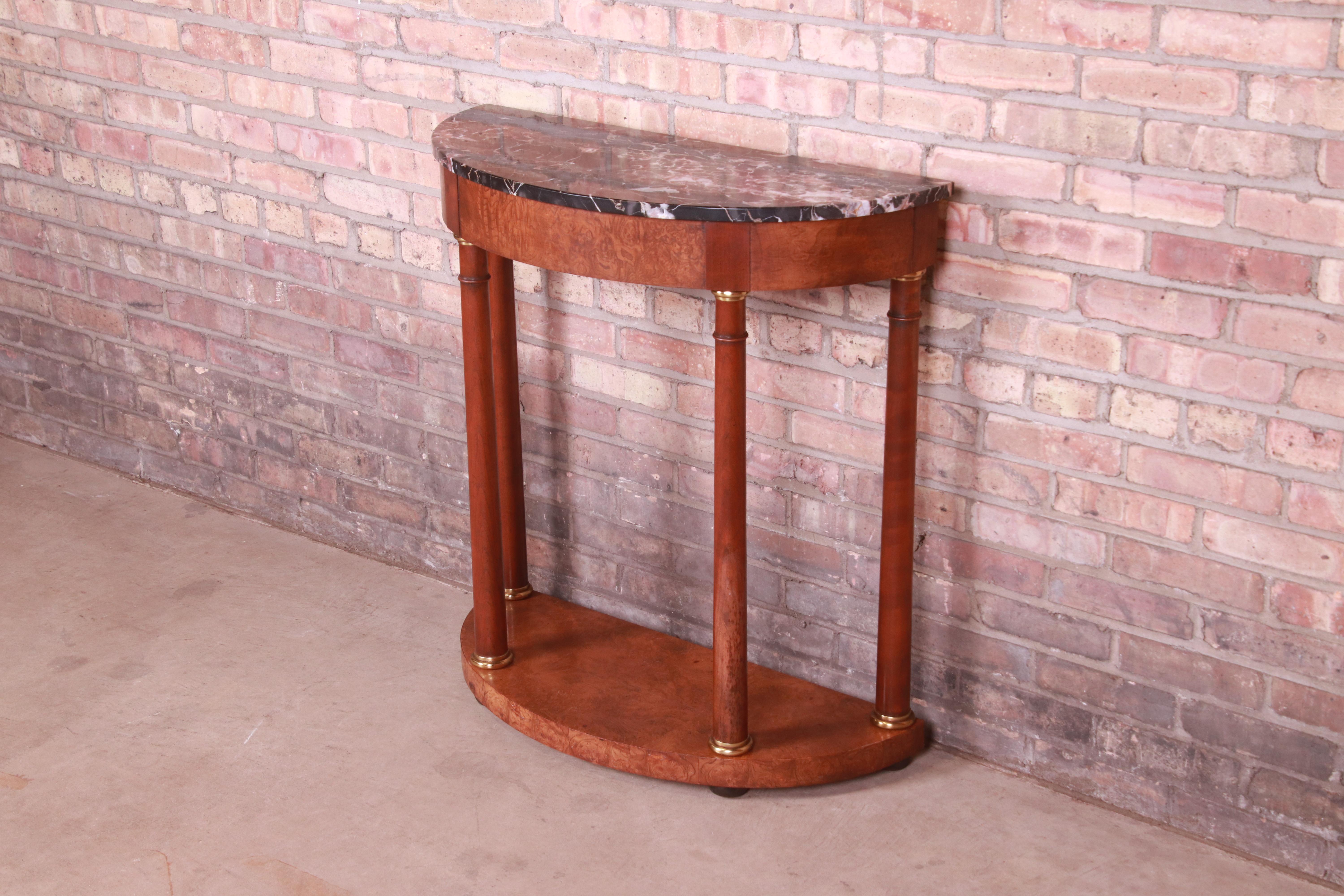 Baker Furniture Empire Burl Wood Marble Top Demilune Console Table In Good Condition For Sale In South Bend, IN