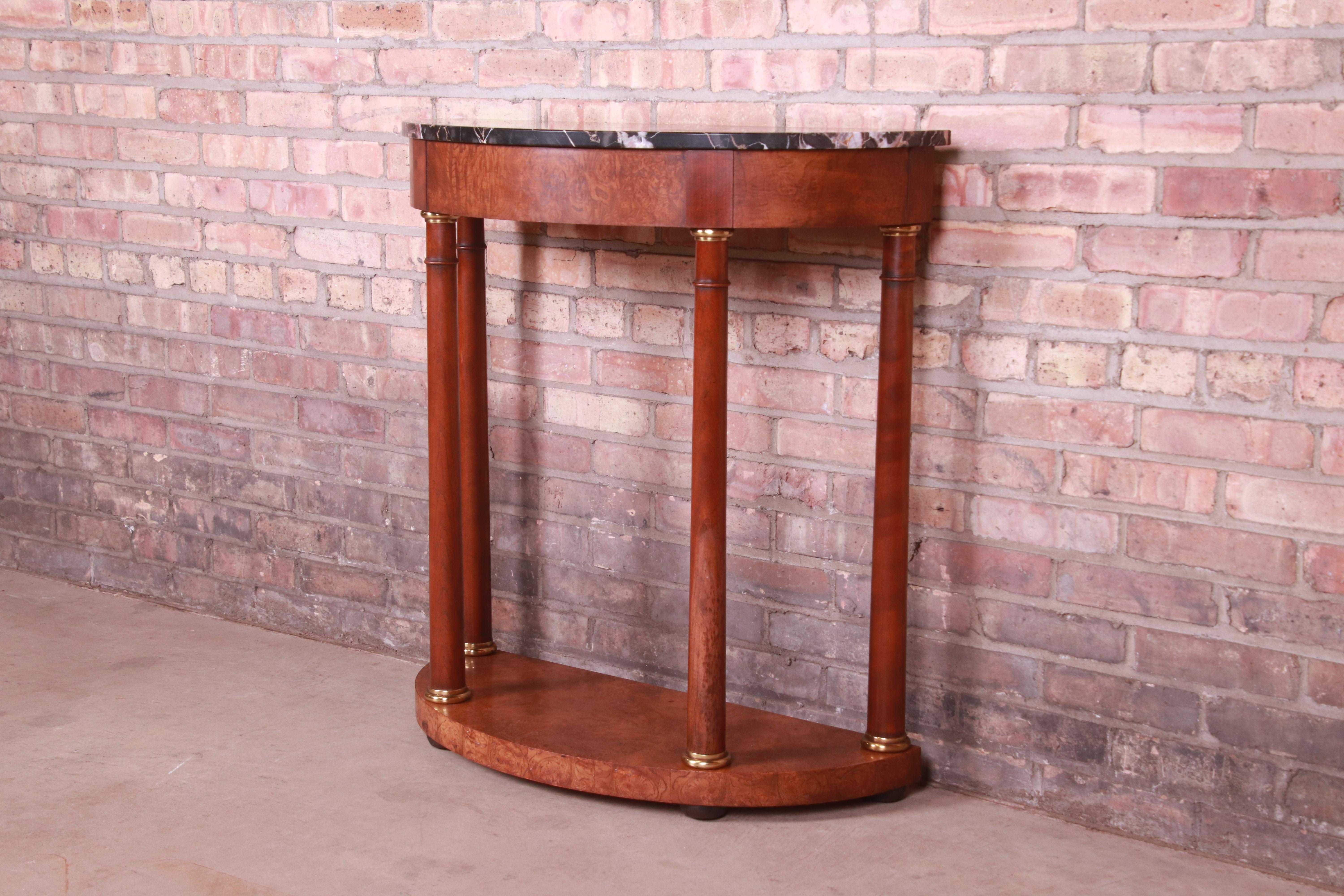 20th Century Baker Furniture Empire Burl Wood Marble Top Demilune Console Table For Sale