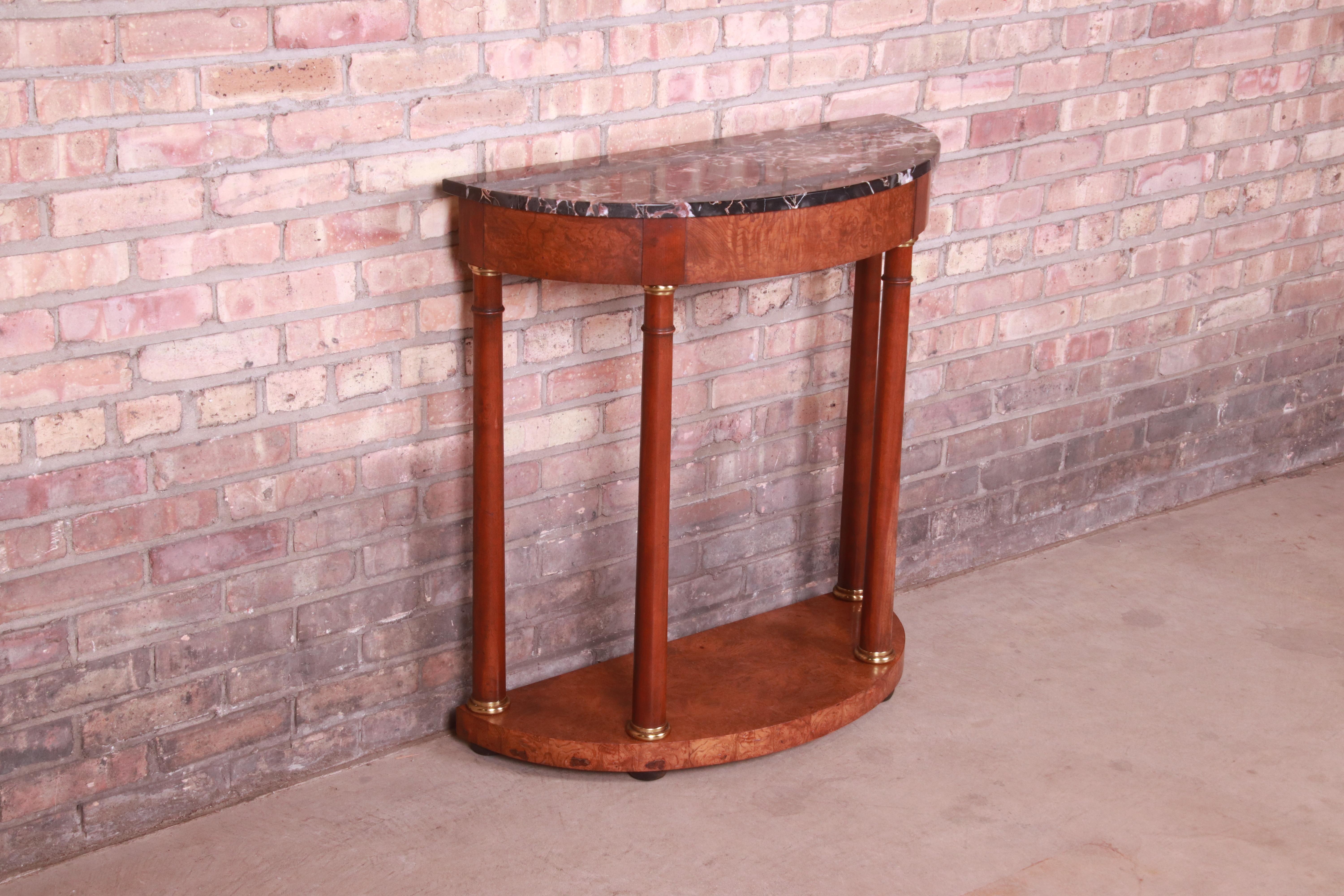 Table console demi-lune Empire en bois de broussin avec plateau en marbre de Baker Furniture en vente 1