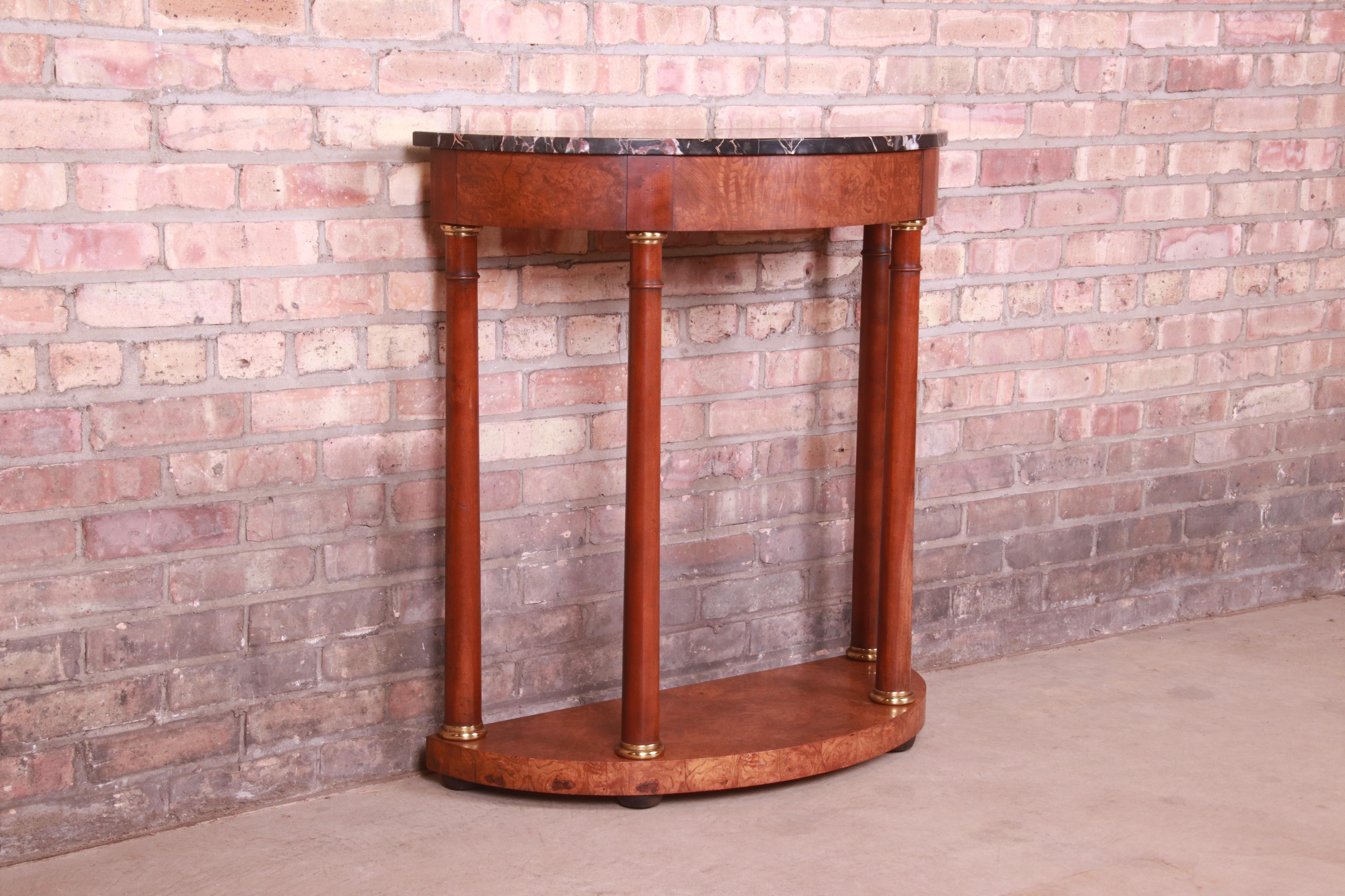 Table console demi-lune Empire en bois de broussin avec plateau en marbre de Baker Furniture en vente 2