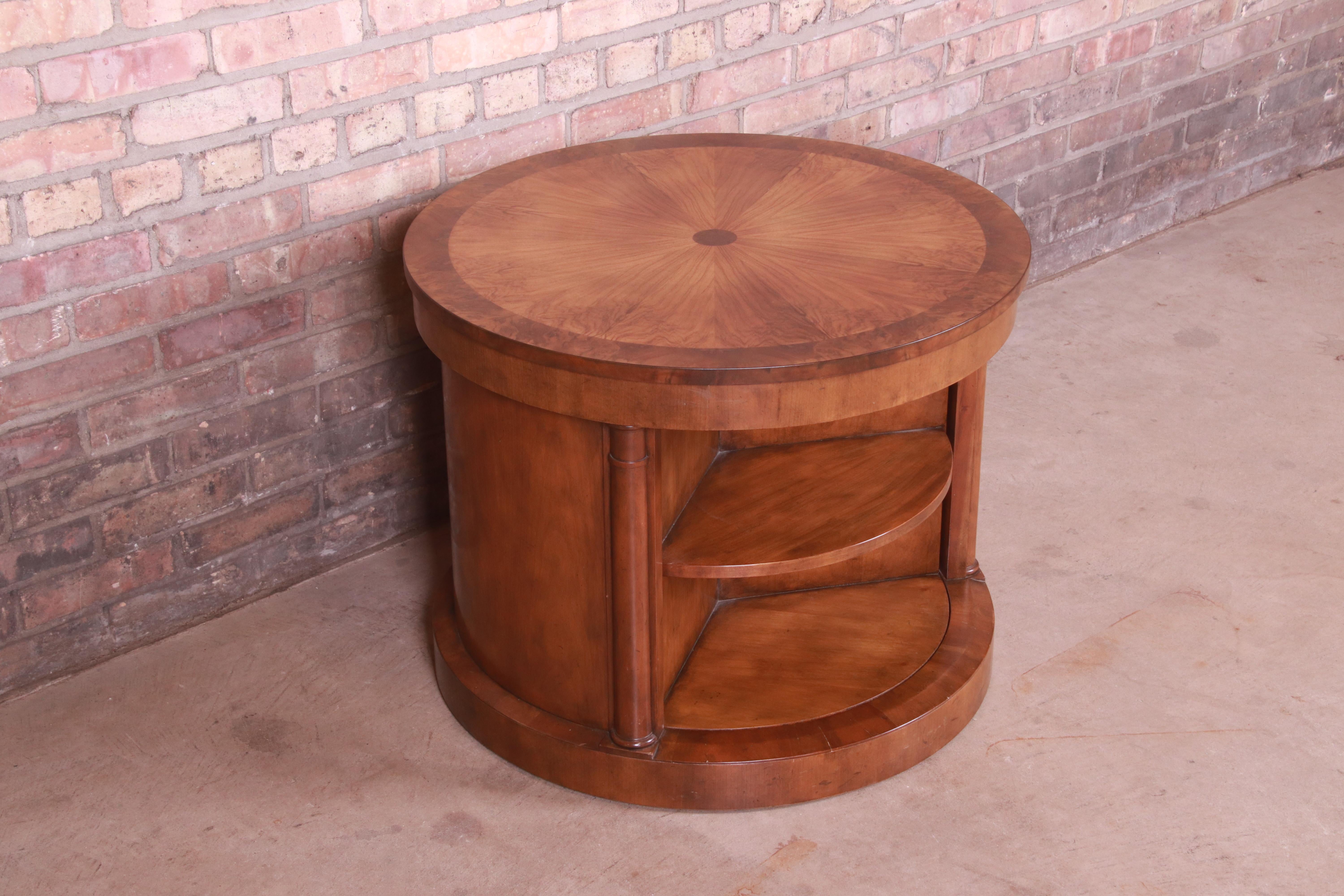 American Baker Furniture Empire Burled Walnut Lazy Susan Drum Table