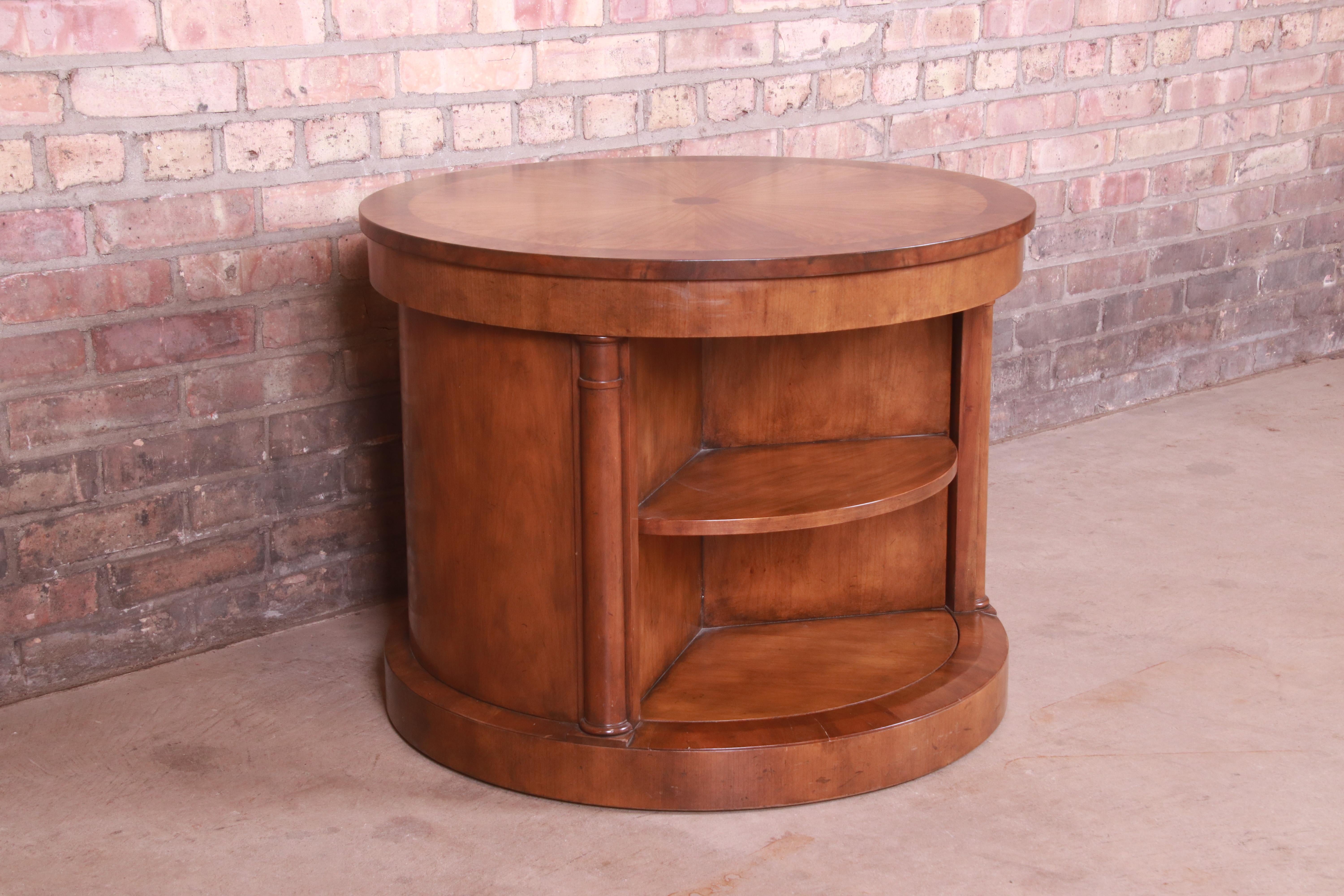 Baker Furniture Empire Burled Walnut Lazy Susan Drum Table In Good Condition In South Bend, IN