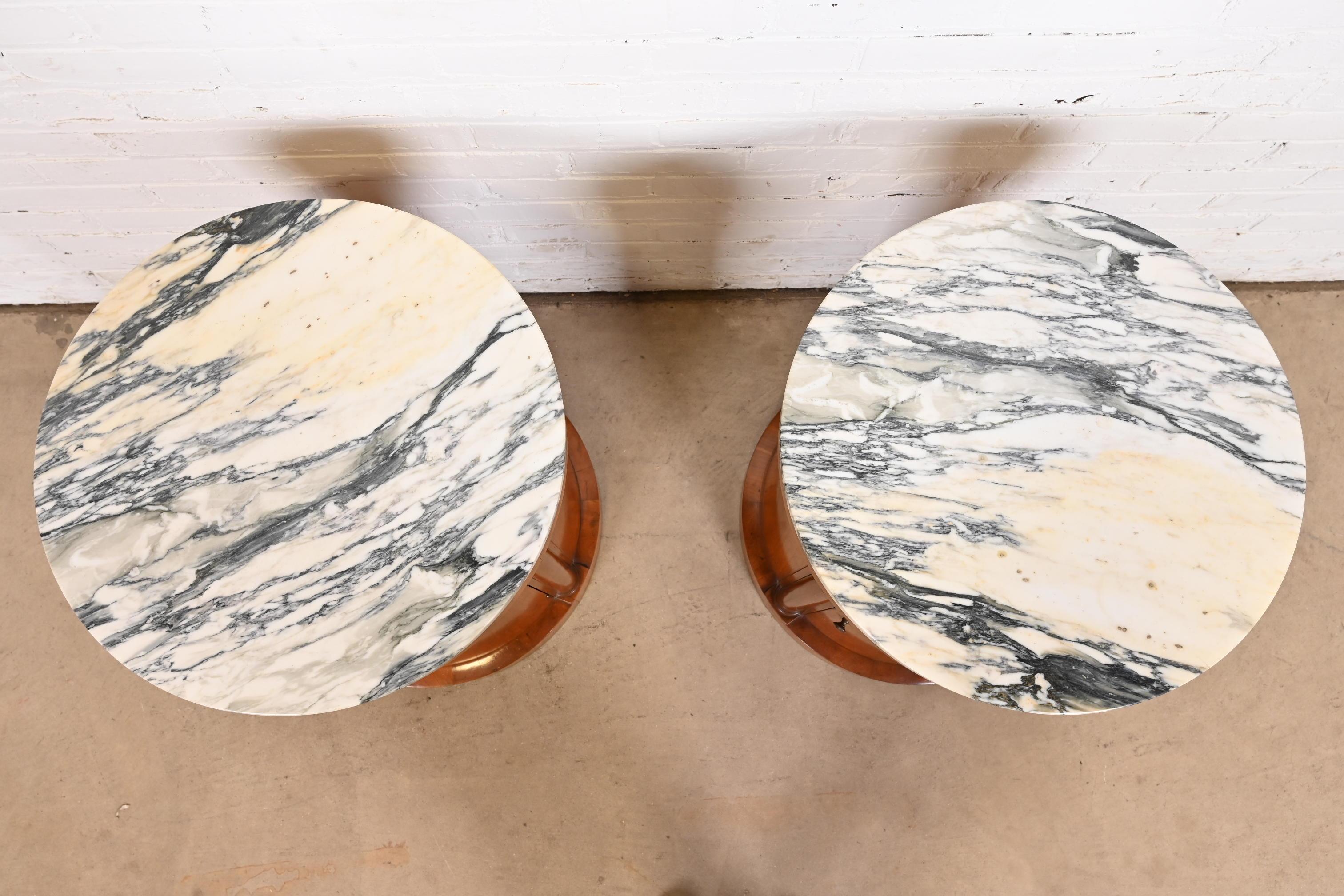 Baker Furniture Empire Cherry Wood Marble Top Drum Nightstands or Side Tables 3
