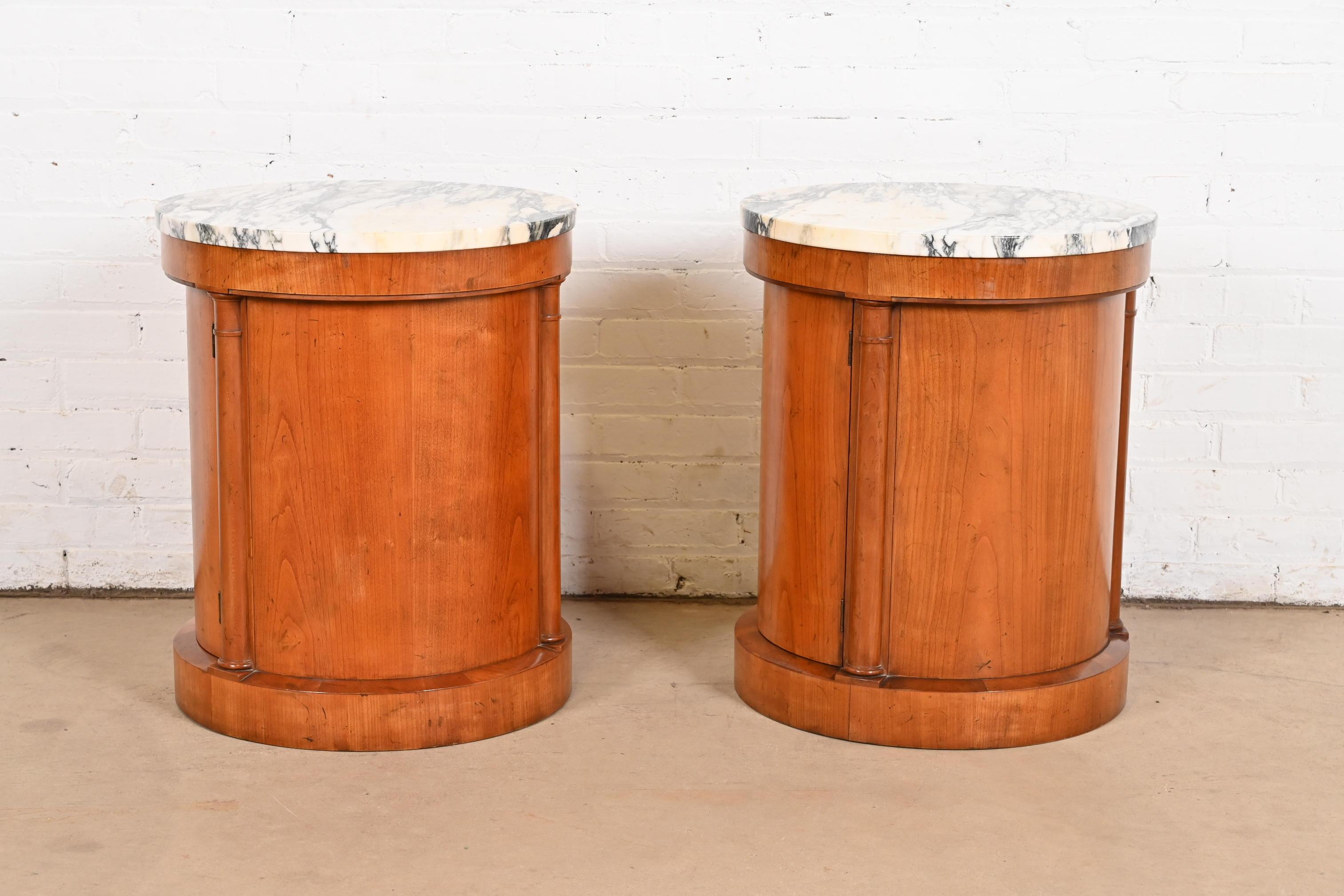 Baker Furniture Empire Cherry Wood Marble Top Drum Nightstands or Side Tables 4