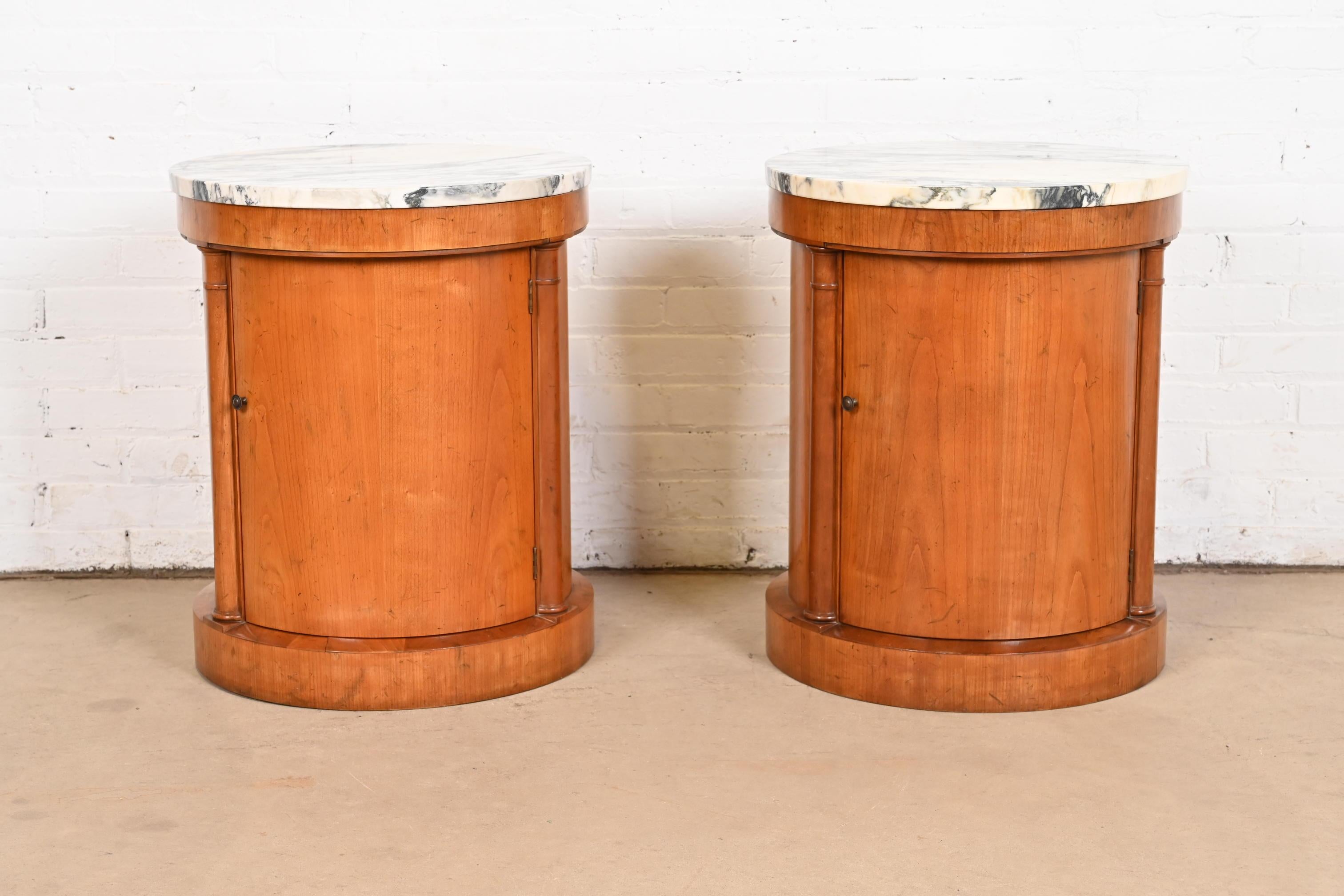 Neoclassical Baker Furniture Empire Cherry Wood Marble Top Drum Nightstands or Side Tables