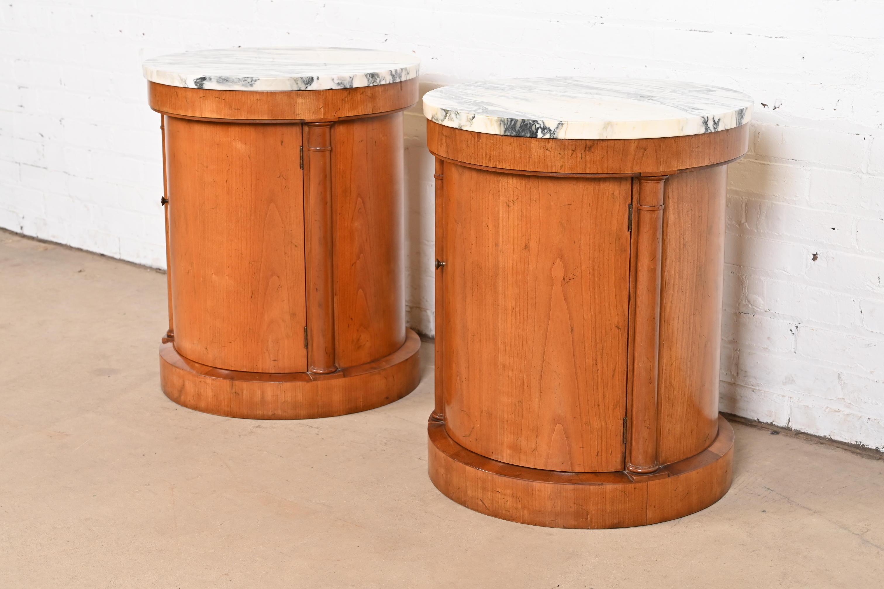American Baker Furniture Empire Cherry Wood Marble Top Drum Nightstands or Side Tables