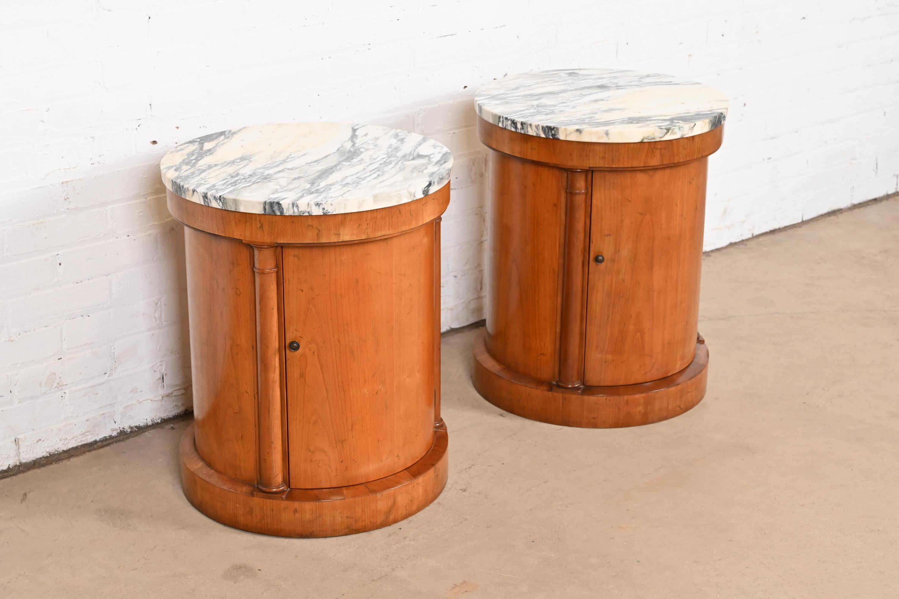 Baker Furniture Empire Cherry Wood Marble Top Drum Nightstands or Side Tables In Good Condition In South Bend, IN