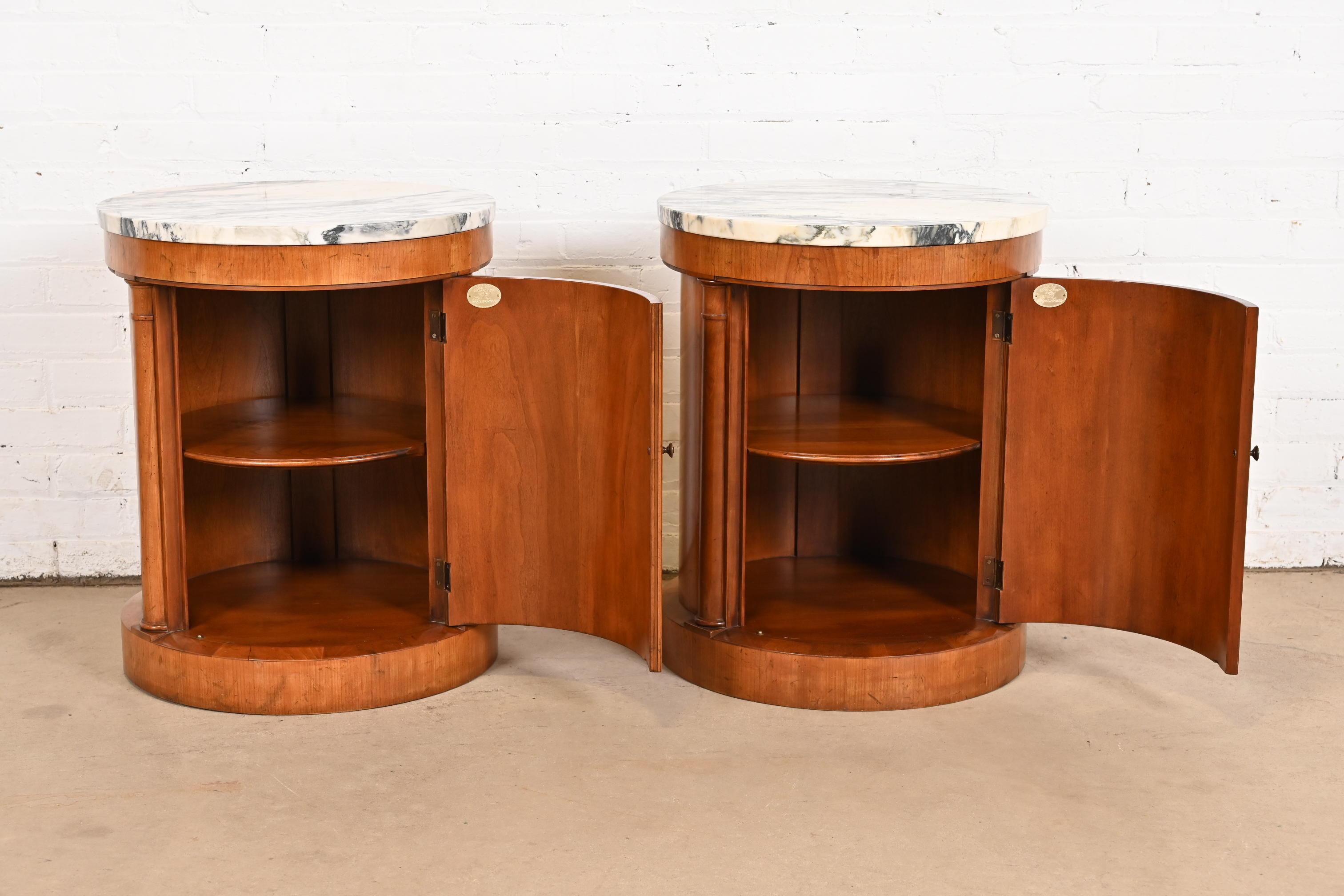 Mid-20th Century Baker Furniture Empire Cherry Wood Marble Top Drum Nightstands or Side Tables