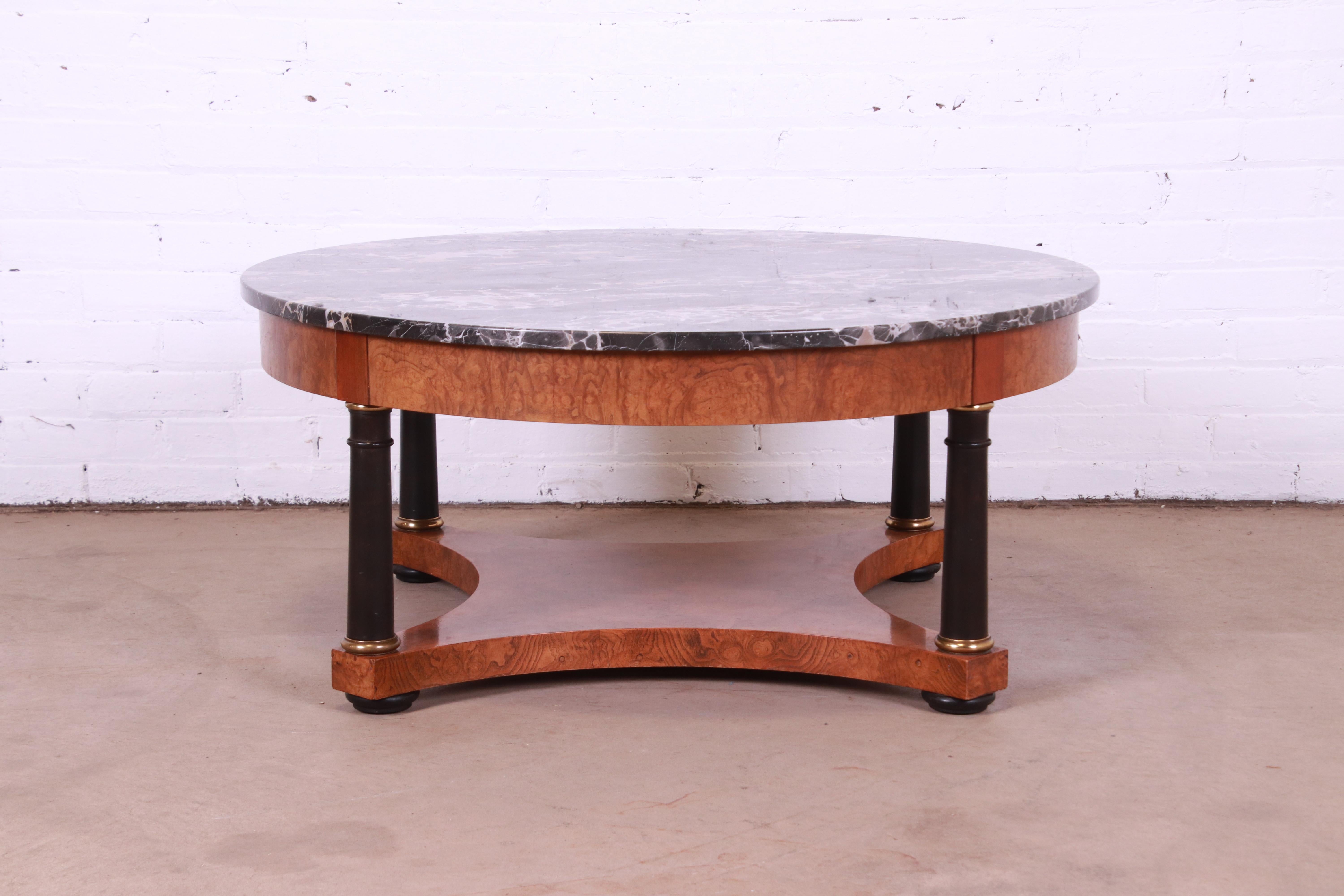American Baker Furniture Empire Style Burl Wood and Italian Marble Cocktail Table