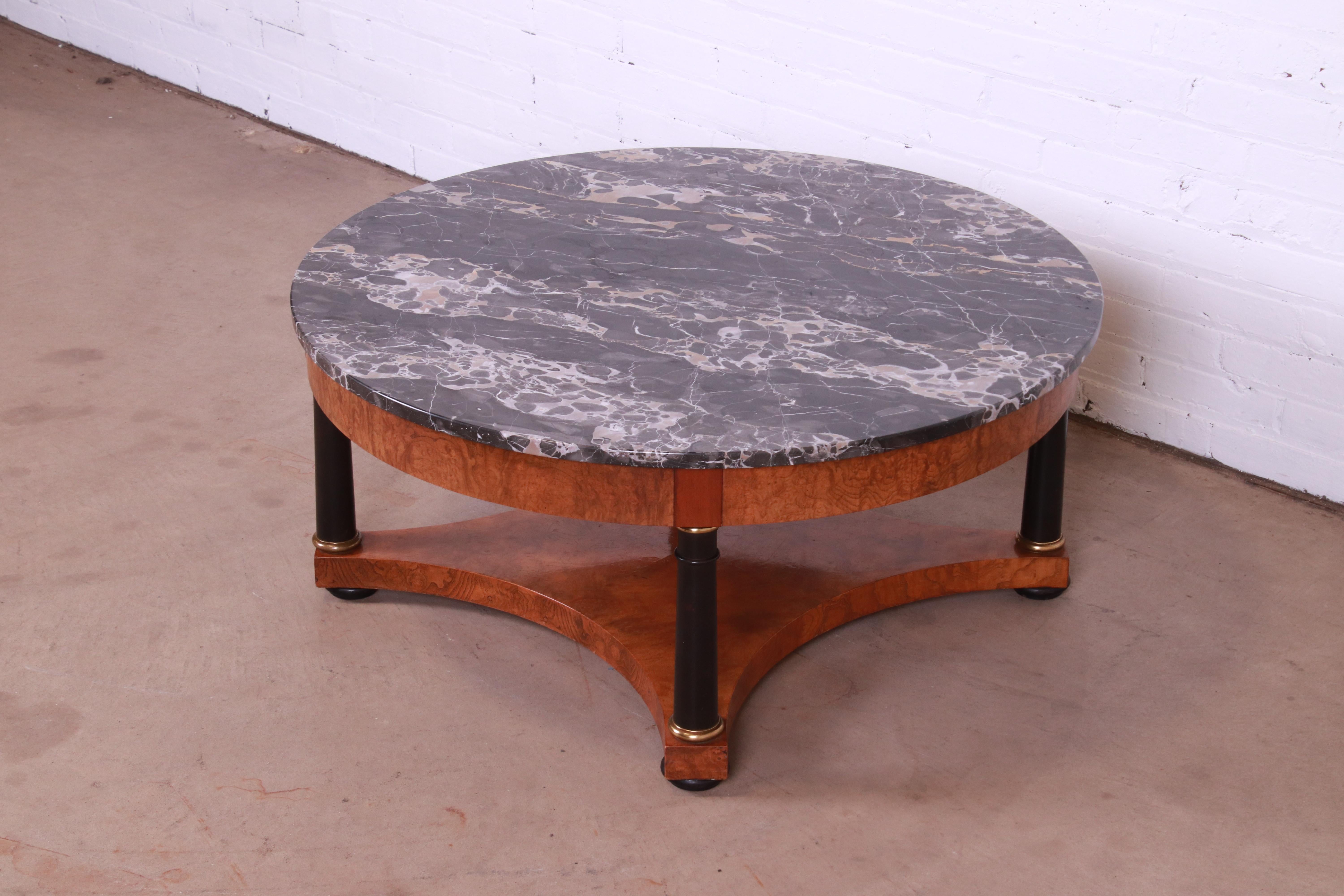Baker Furniture Empire Style Burl Wood and Italian Marble Cocktail Table In Good Condition In South Bend, IN