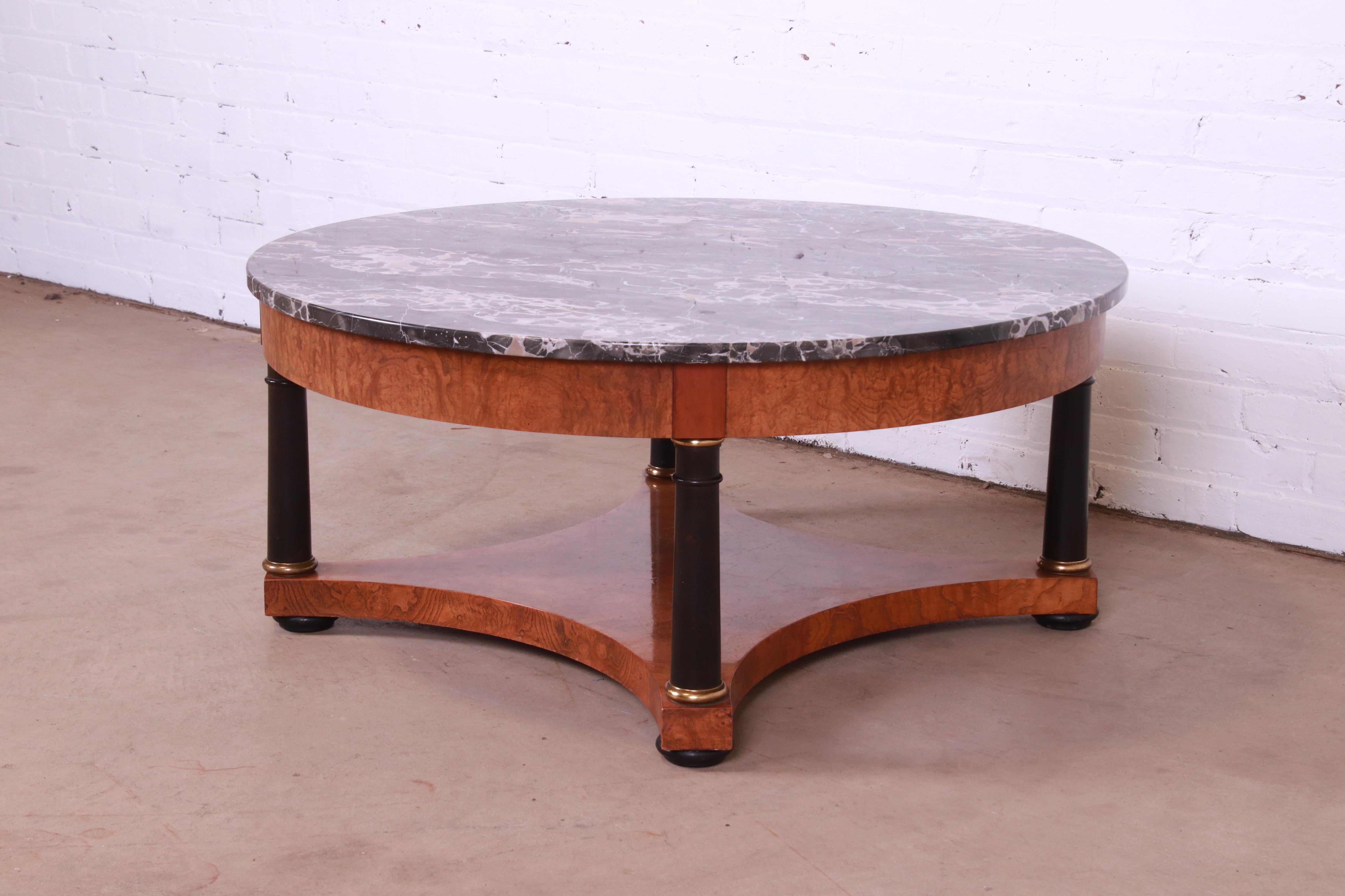 20th Century Baker Furniture Empire Style Burl Wood and Italian Marble Cocktail Table