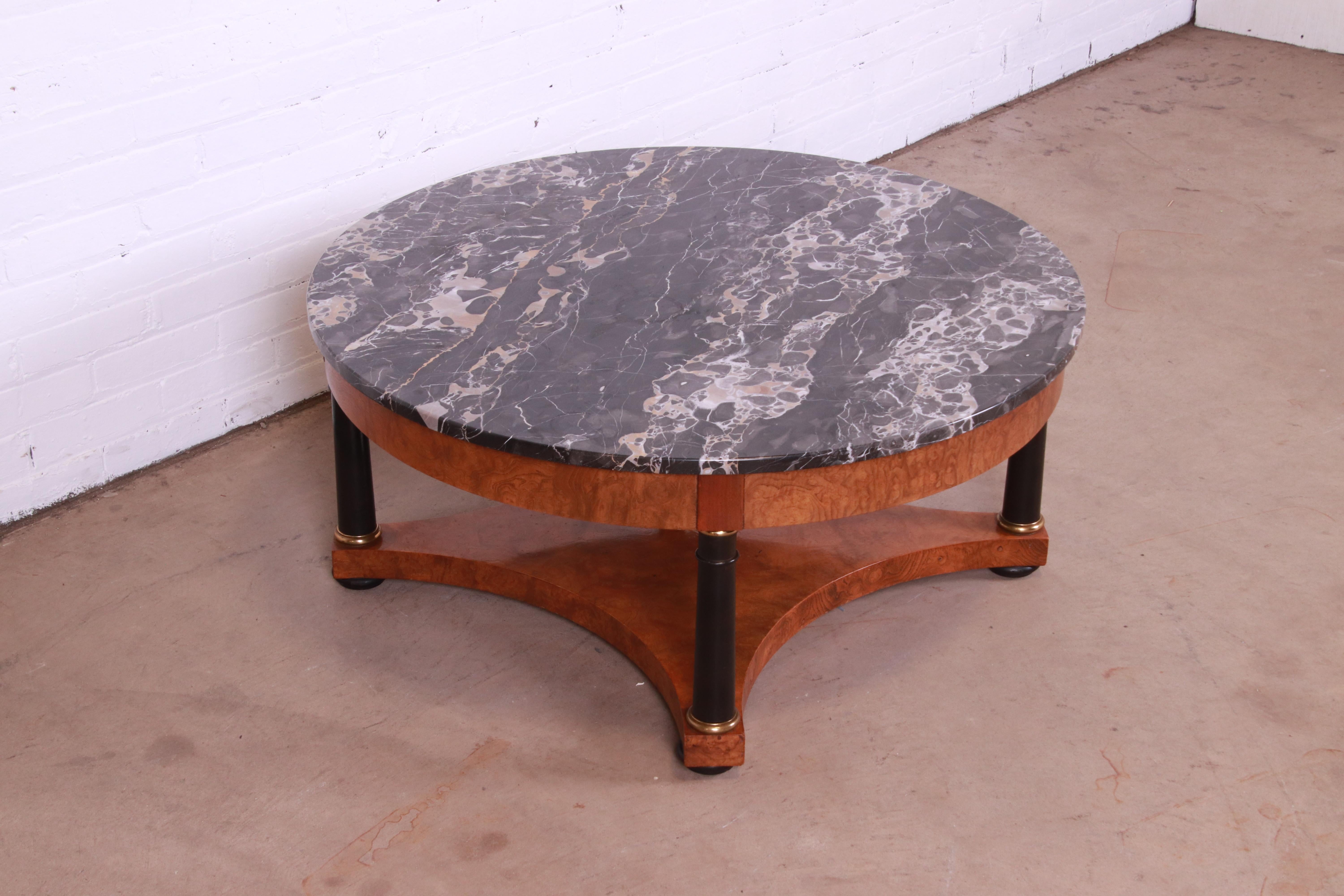 Brass Baker Furniture Empire Style Burl Wood and Italian Marble Cocktail Table