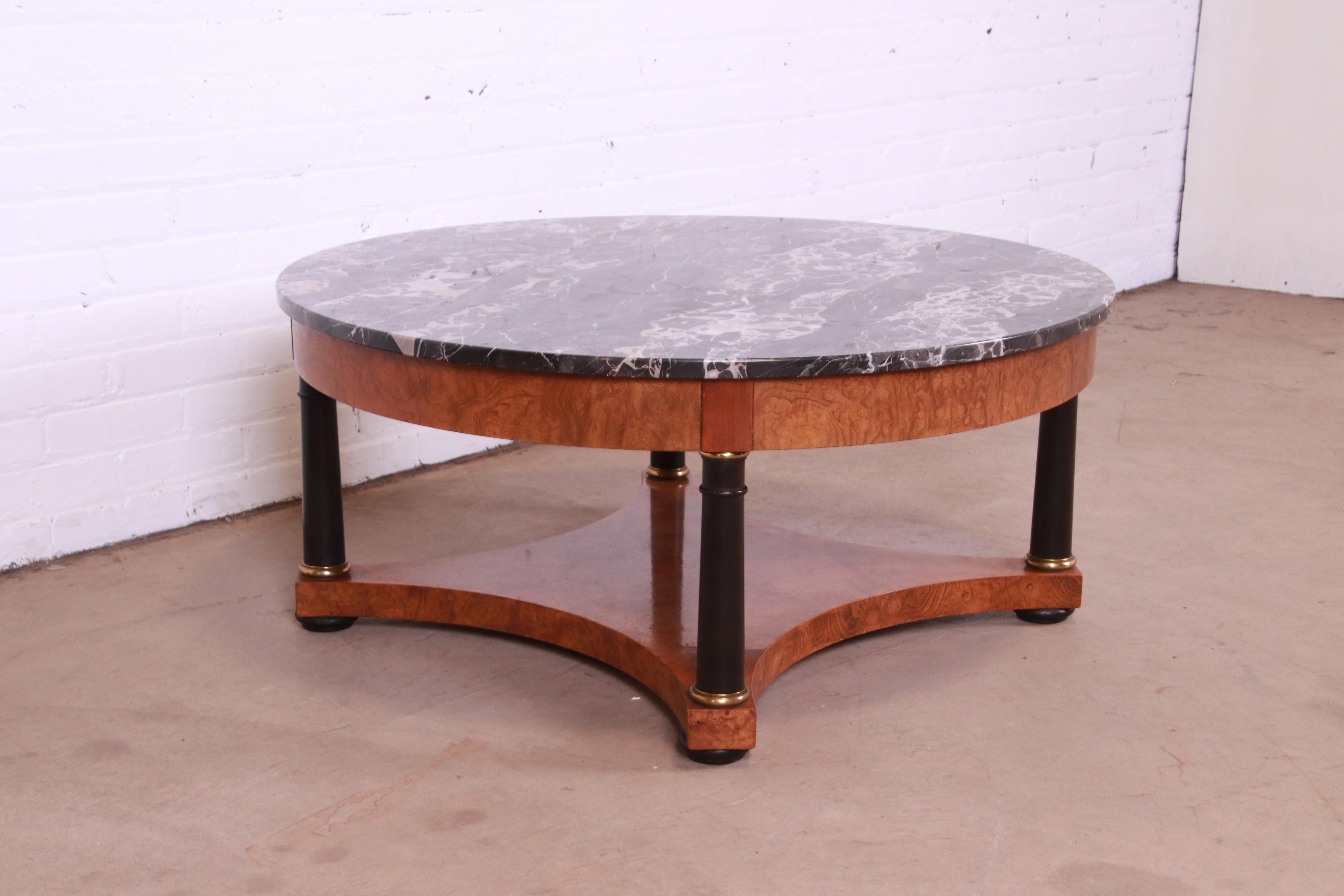 Baker Furniture Empire Style Burl Wood and Italian Marble Cocktail Table 1