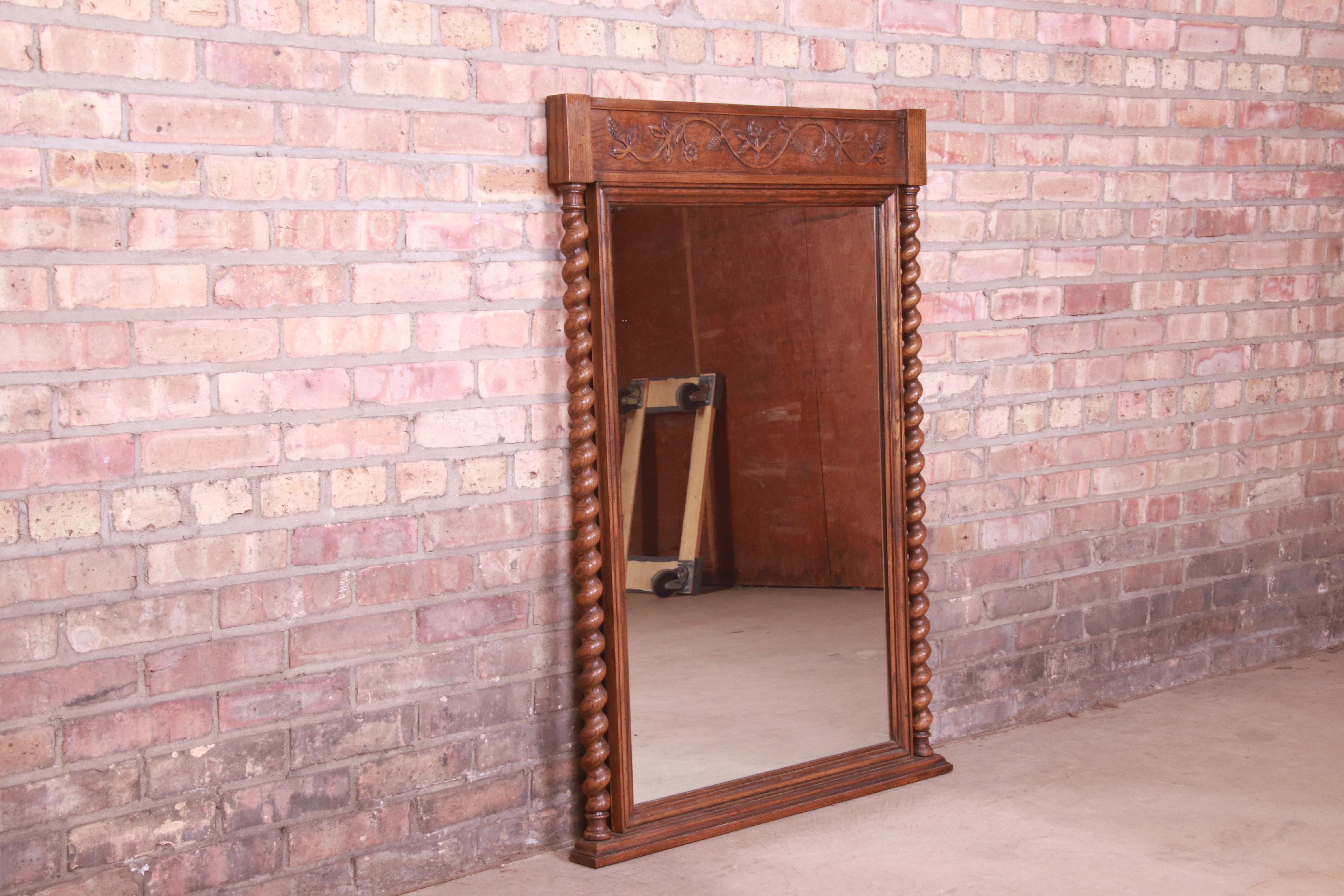 Baker Furniture English Barley Twist Carved Oak Framed Wall Mirror, Circa 1960s For Sale 1