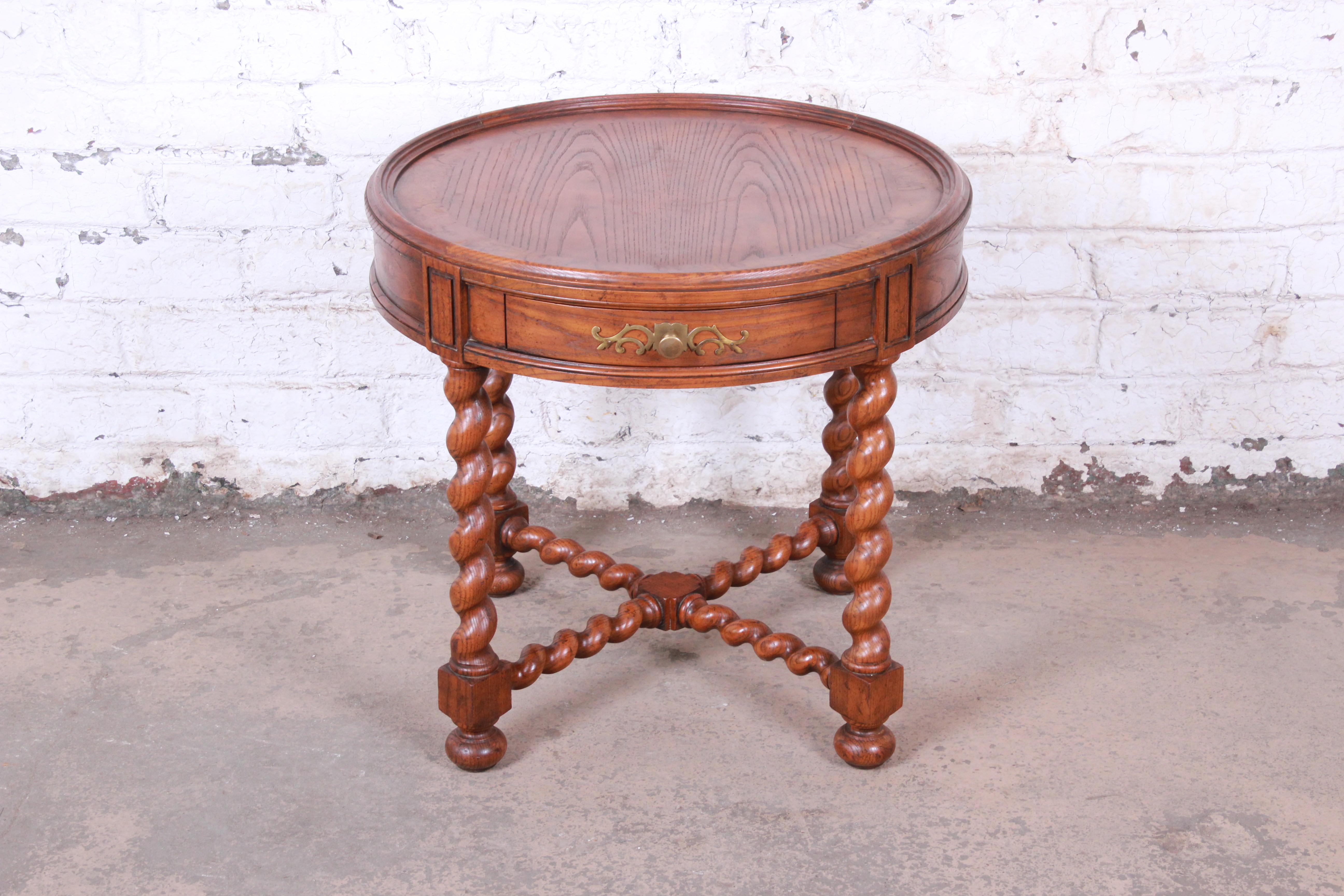 British Colonial Baker Furniture English Barley Twist Oak and Burl Wood Tea Table