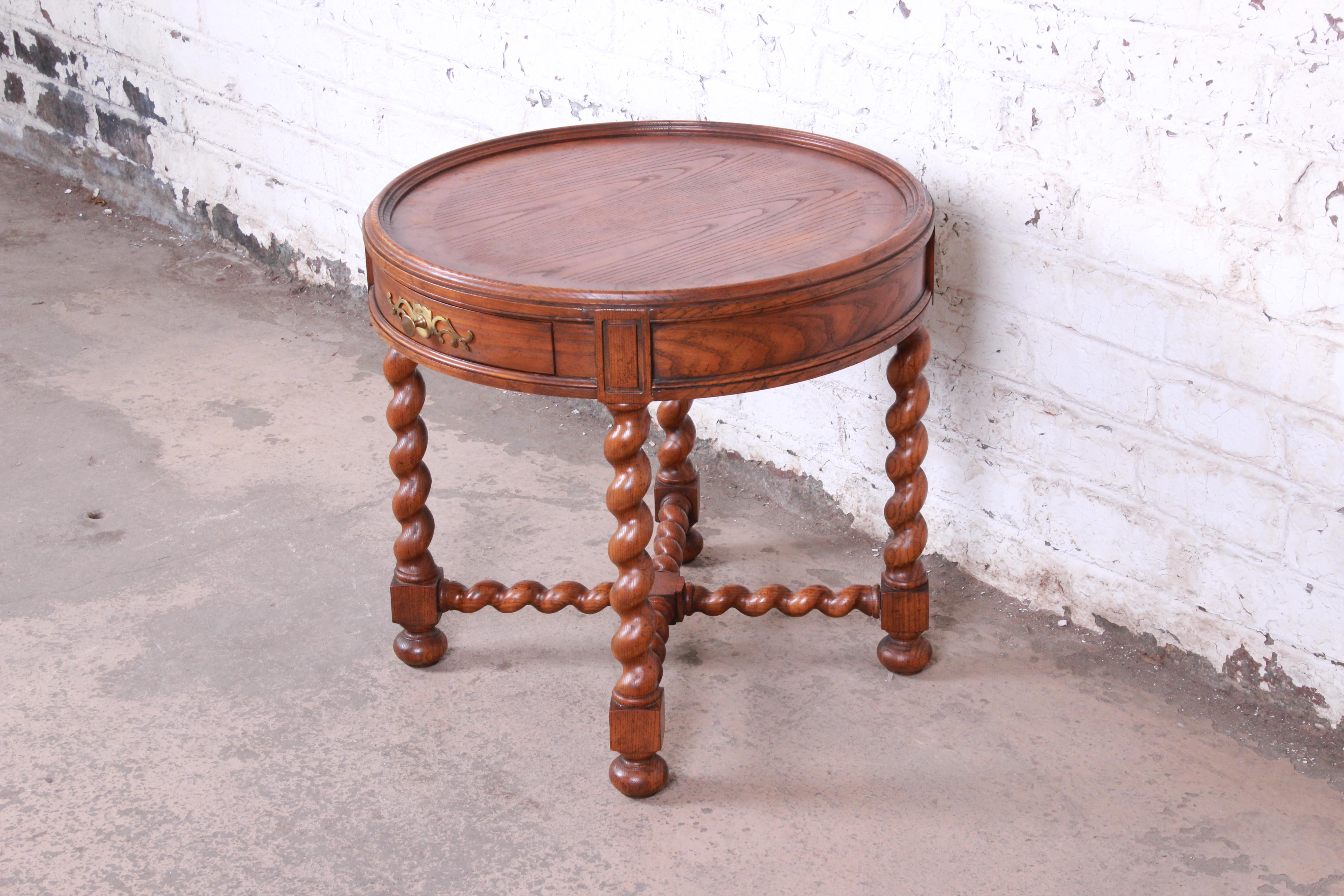 American Baker Furniture English Barley Twist Oak and Burl Wood Tea Table