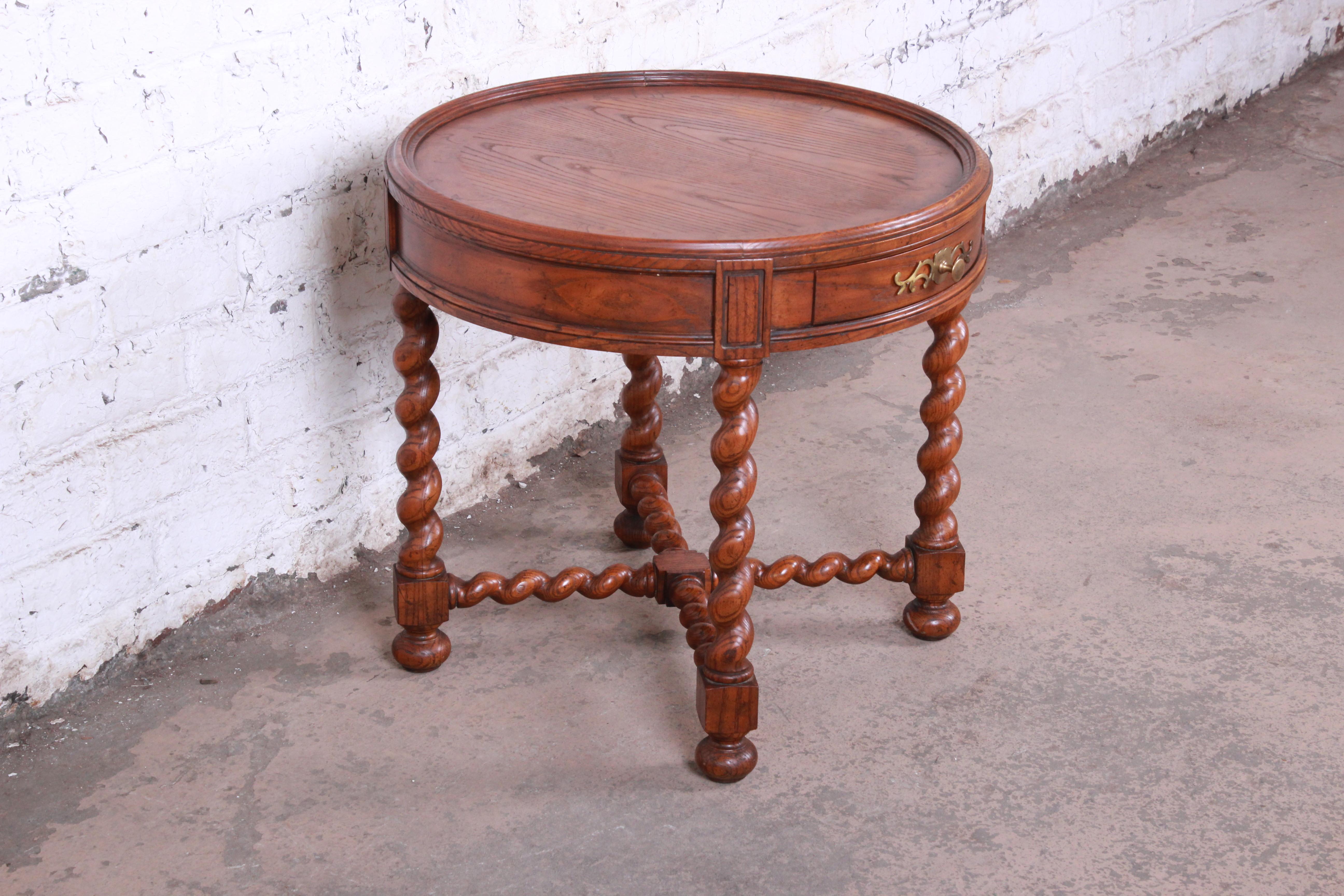 Baker Furniture English Barley Twist Oak and Burl Wood Tea Table In Good Condition In South Bend, IN