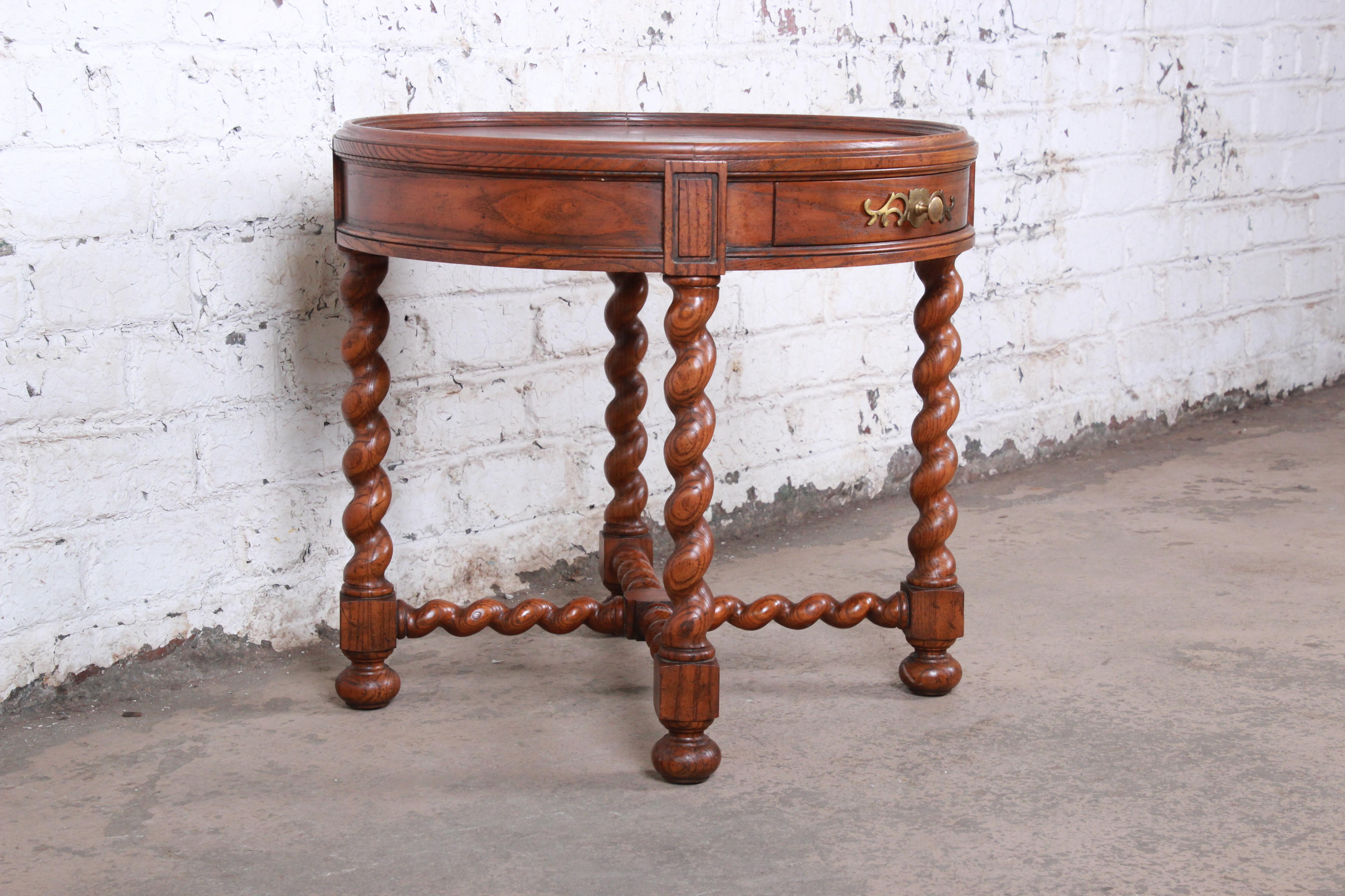 20th Century Baker Furniture English Barley Twist Oak and Burl Wood Tea Table