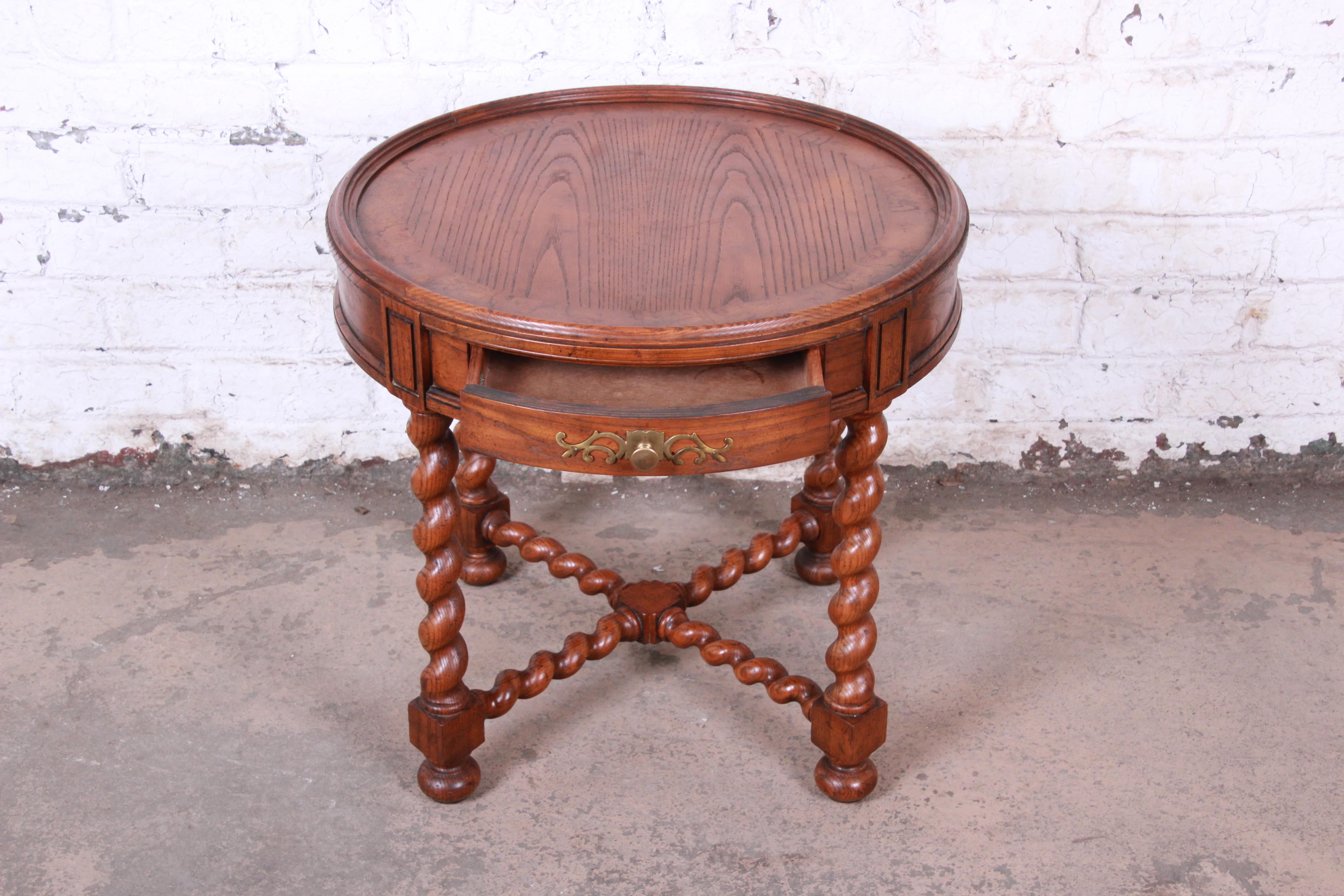 Brass Baker Furniture English Barley Twist Oak and Burl Wood Tea Table