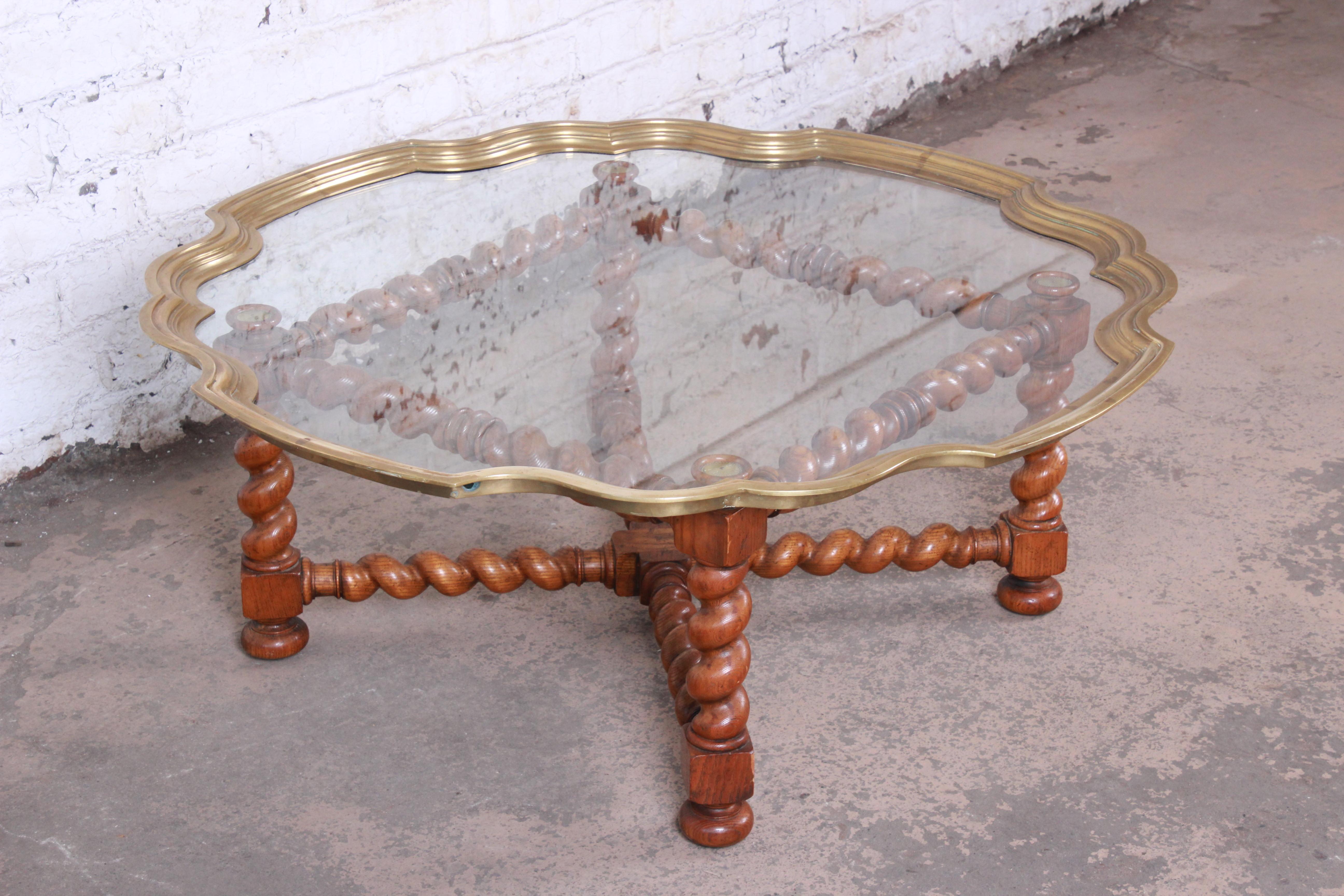 British Colonial Baker Furniture English Barley Twist Oak, Brass, and Glass Cocktail Table For Sale
